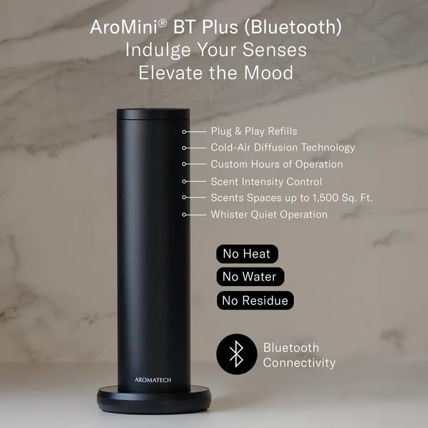 AromaTech New AroMini BT Plus Scent Diffuser w/Bluetooth – Cold-Air Diffusion Scent Machine for Home, Office, Hotel, Spa – Nebulizing Diffusion System for Essential Oil Blends (Black)