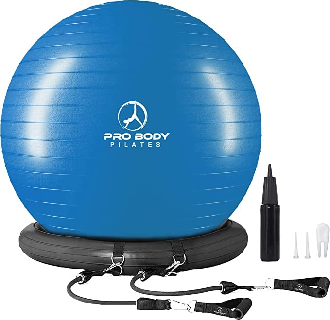 ProBody Pilates Ball Yoga Ball Chair, Exercise Ball Chair with Base or Stand for Home Office Desk Sitting or Workout, 65cm Antiburst Balance & Stability Ball Seat, Large Gym Ball for Back, Abs