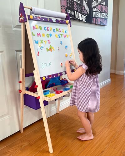 Joyooss Art Easel for Kids, Adjustable Standing Kids Easel with Magnetic Whteboard & Chalkboard, Magnetic Board for Kids Art Easel Kids with 2 Paper Rolls, Finger Paints, Letters & Numbers Magnets