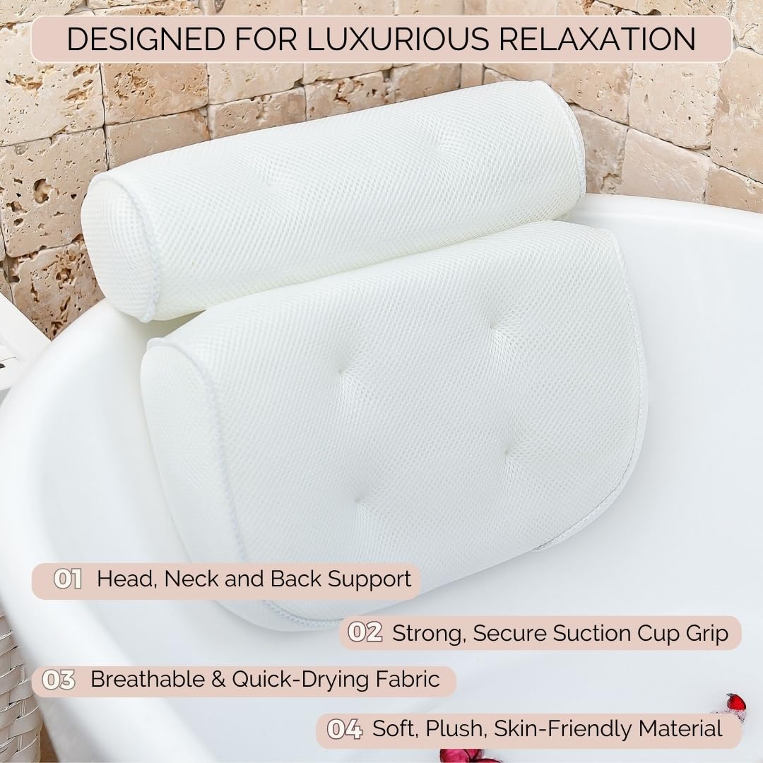 Bathtub Pillow for Neck and Shoulder - Spa Bath Pillows for Tub Neck and Back Support - Perfect Bath Accessories for Women - Relaxing Luxe Bath - Ideal Bath Gift Set for Women - Home Spa Products