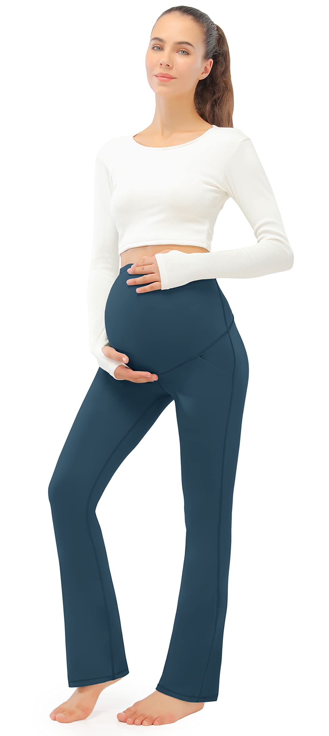 JOYSPELS Smooth Feeling Maternity Bootcut Pants with Pockets Over The Belly Pregnancy Yoga Pants for Work Casual