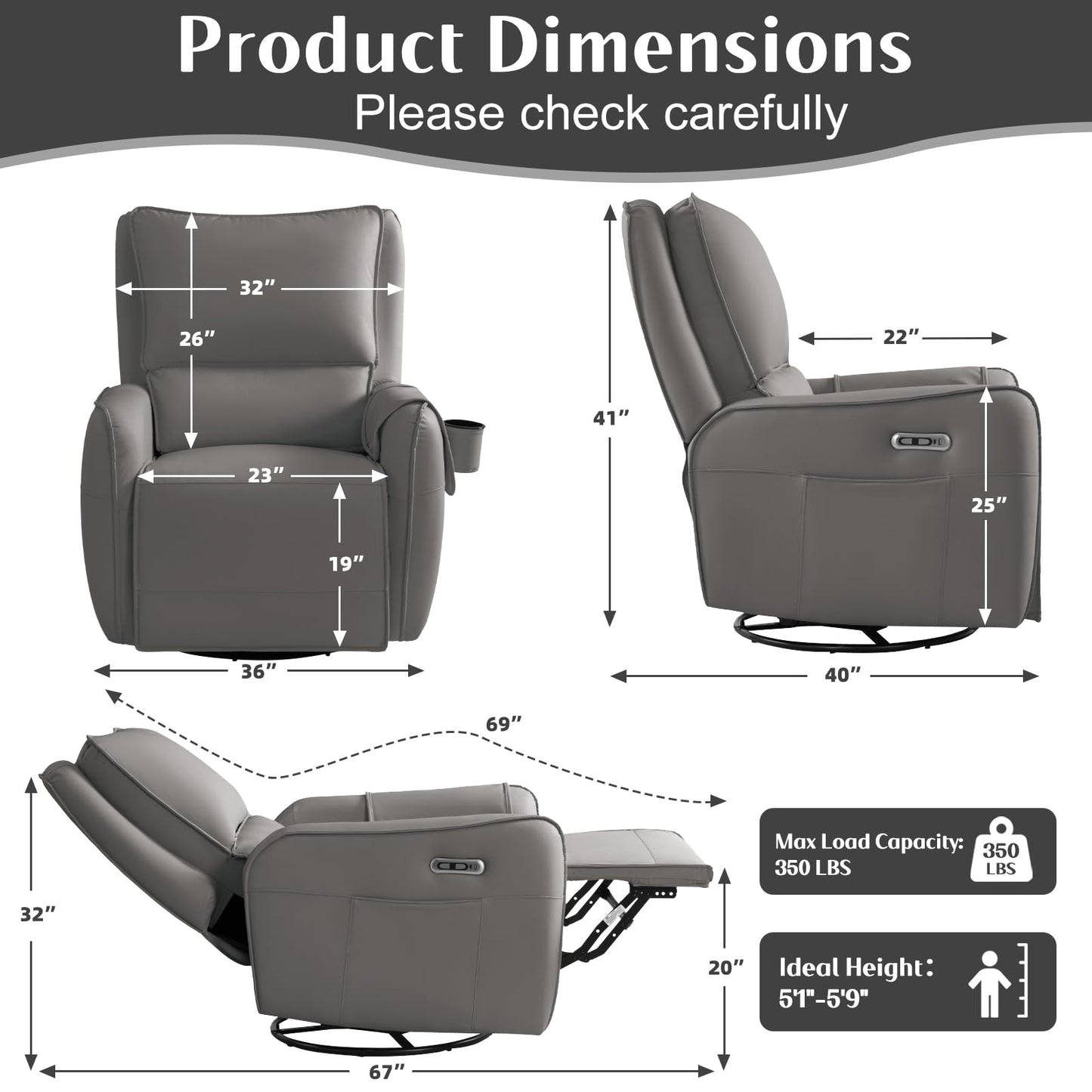 Power Recliner Gliders for Nursery, Electric Swivel Rocker Recliner Chair, Comfy Upholstered Living Room Reclining Rocking Chairs with Lumbar Support