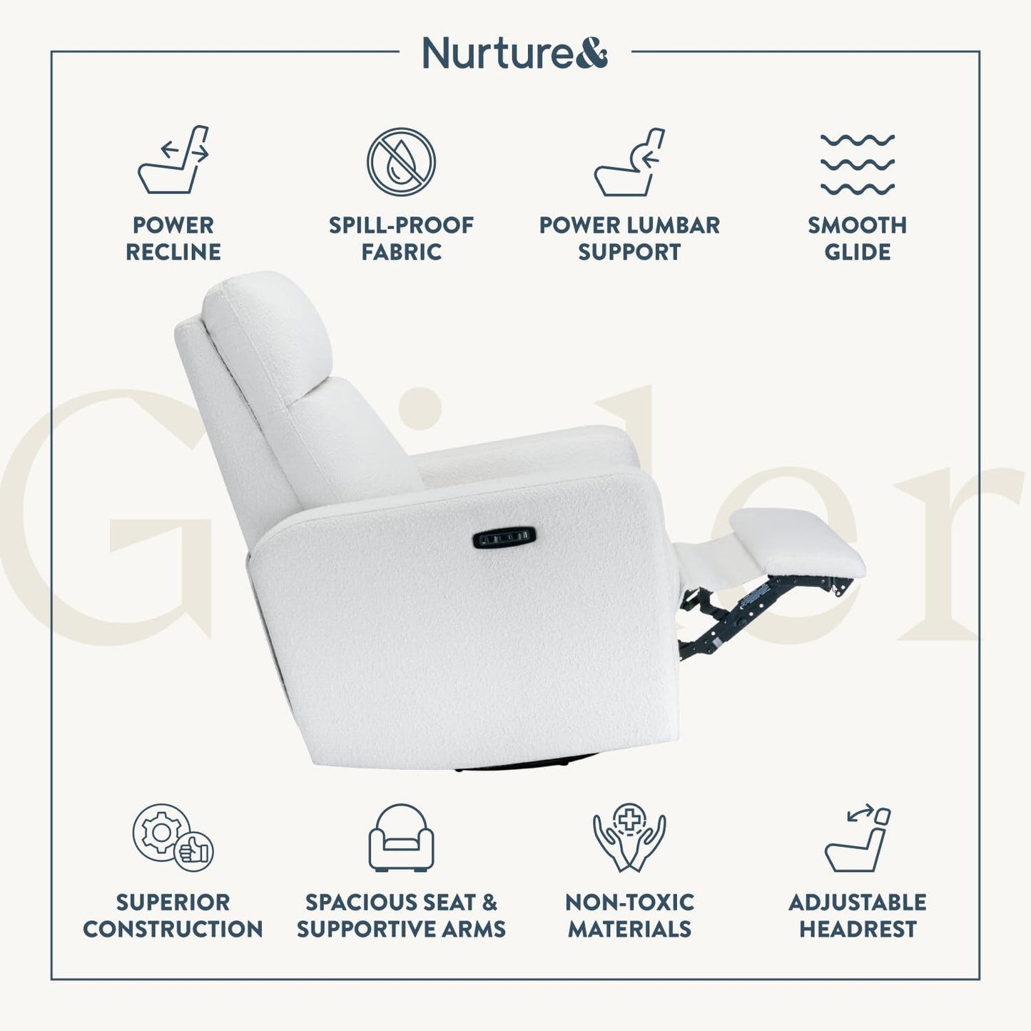 Nurture& The Glider Plus - Premium Nursery Power Recliner | Swivel Chair with Adjustable Head Support and Adjustable Lumbar Support | Built-in USB - The Ultimate Comfort for Nursing, Relaxing (Ivory)