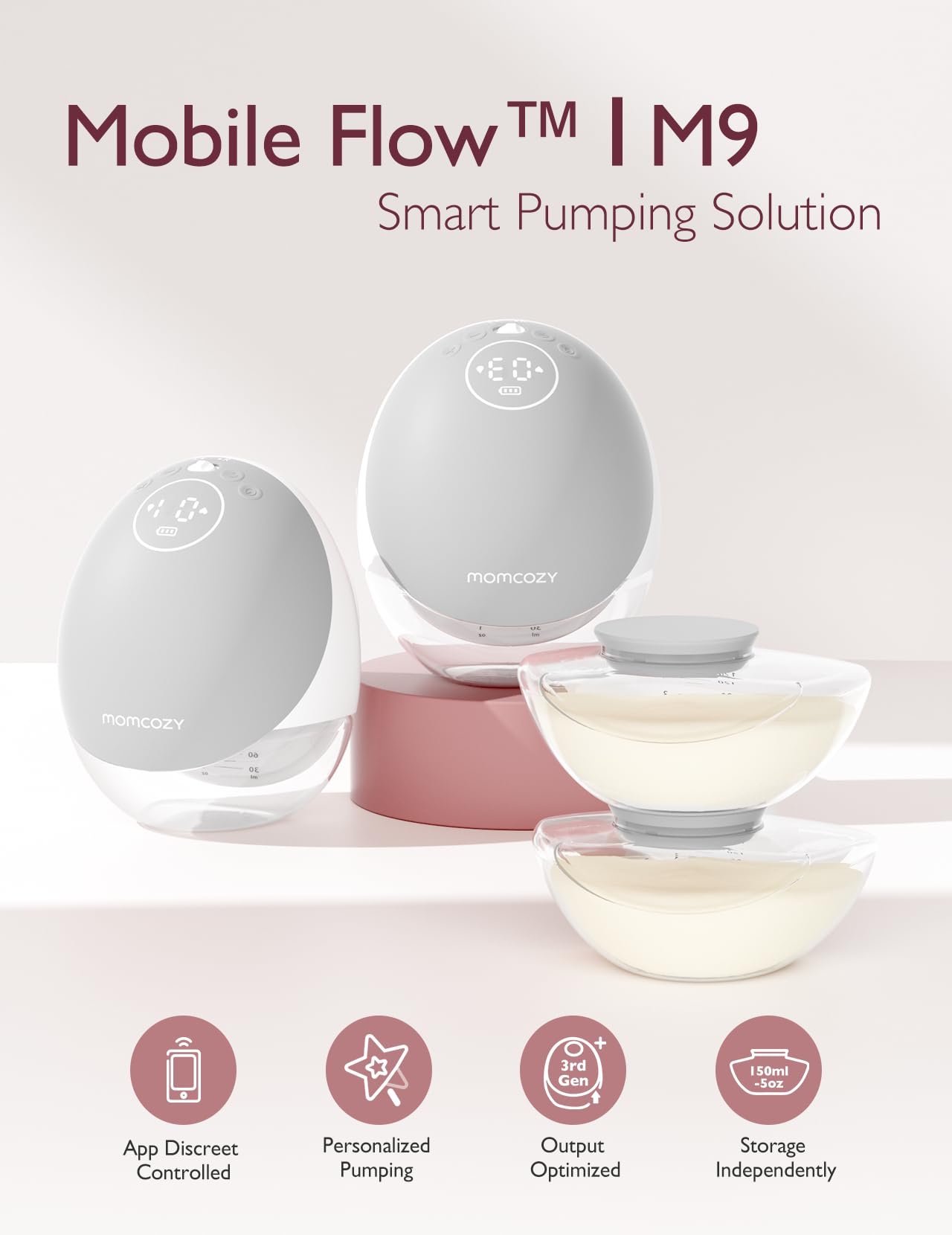 Momcozy Breast Pump Hands Free Mobile Flow | M9, App Discreet Control with Personalized Multi-Modes & 15 Levels, Independent Breastmilk Storage, Wearable Breast Pump M9 24mm, 2 Pack