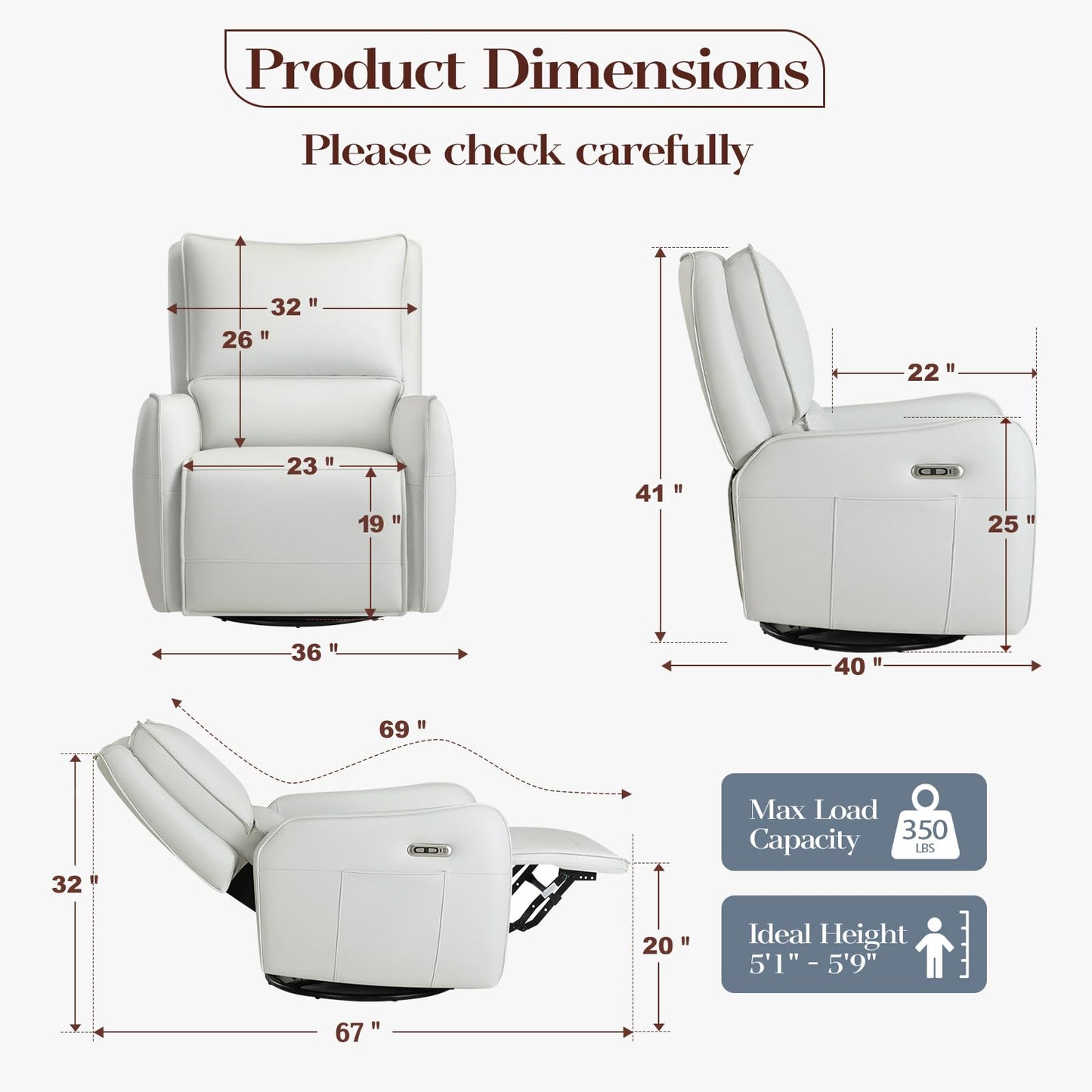 Power Recliner Gliders for Nursery, Electric Swivel Rocker Recliner Chair, Comfy Upholstered Living Room Reclining Rocking Chairs with Lumbar Support