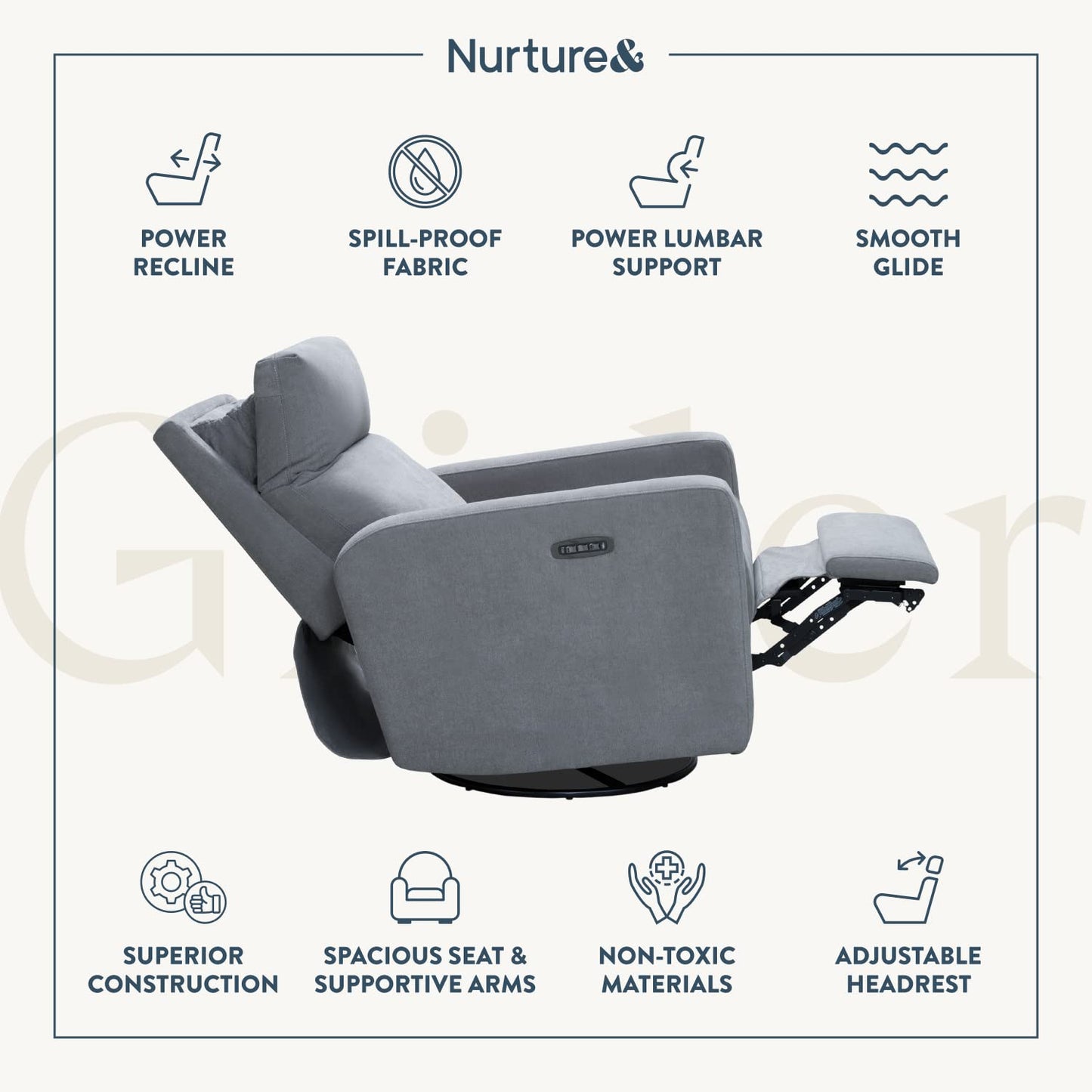 Nurture& The Glider Plus - Premium Nursery Power Recliner | Swivel Chair with Adjustable Head Support and Adjustable Lumbar Support | Built-in USB - The Ultimate Comfort for Nursing, Relaxing (Ivory)