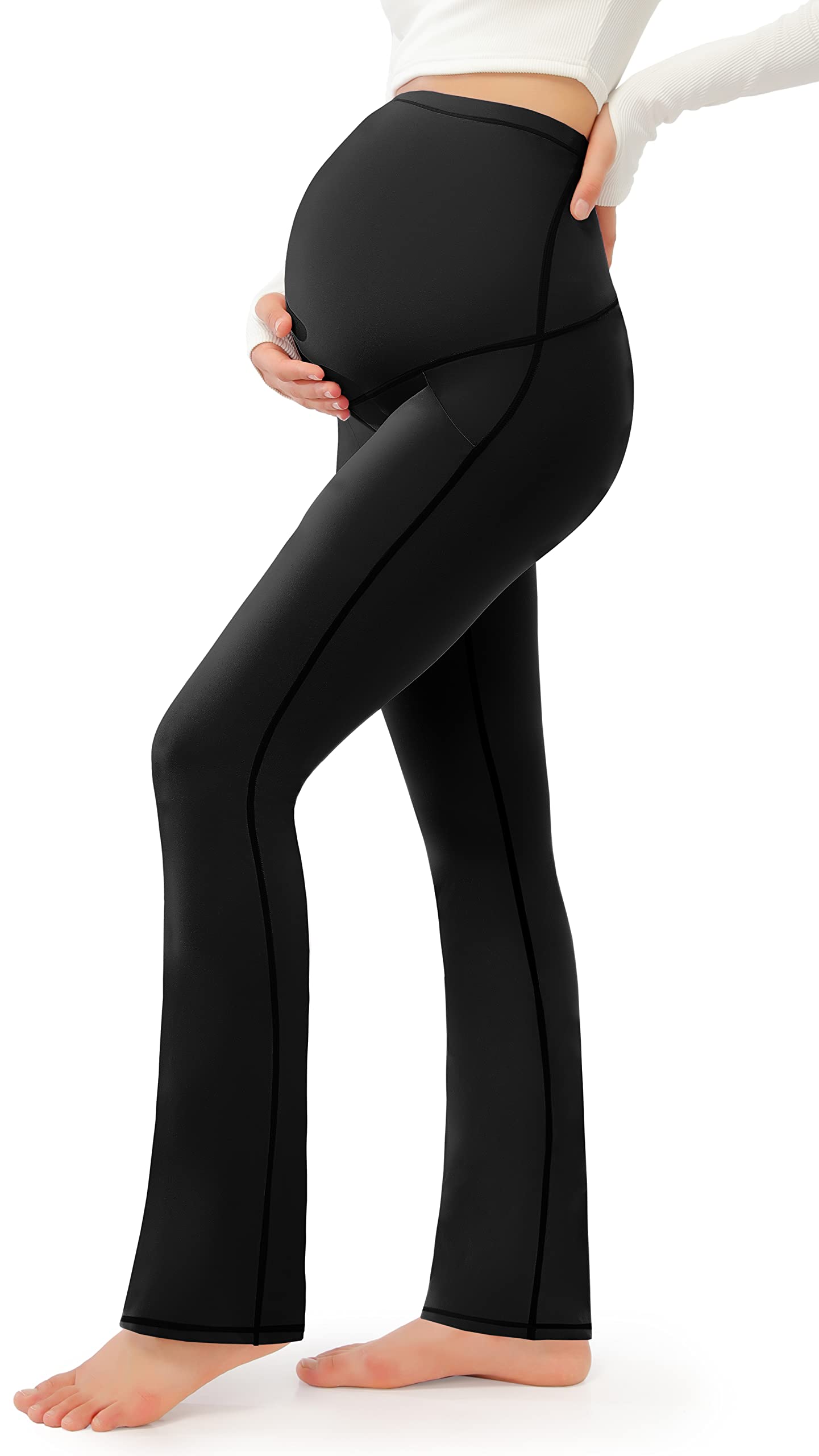 JOYSPELS Smooth Feeling Maternity Bootcut Pants with Pockets Over The Belly Pregnancy Yoga Pants for Work Casual