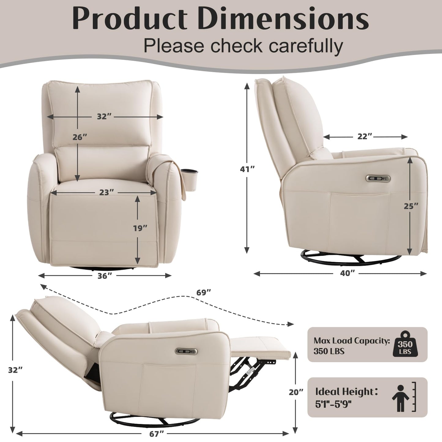 Power Recliner Gliders for Nursery, Electric Swivel Rocker Recliner Chair, Comfy Upholstered Living Room Reclining Rocking Chairs with Lumbar Support