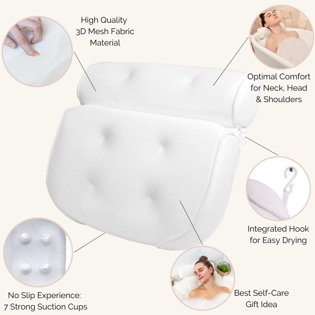 Bathtub Pillow for Neck and Shoulder - Spa Bath Pillows for Tub Neck and Back Support - Perfect Bath Accessories for Women - Relaxing Luxe Bath - Ideal Bath Gift Set for Women - Home Spa Products