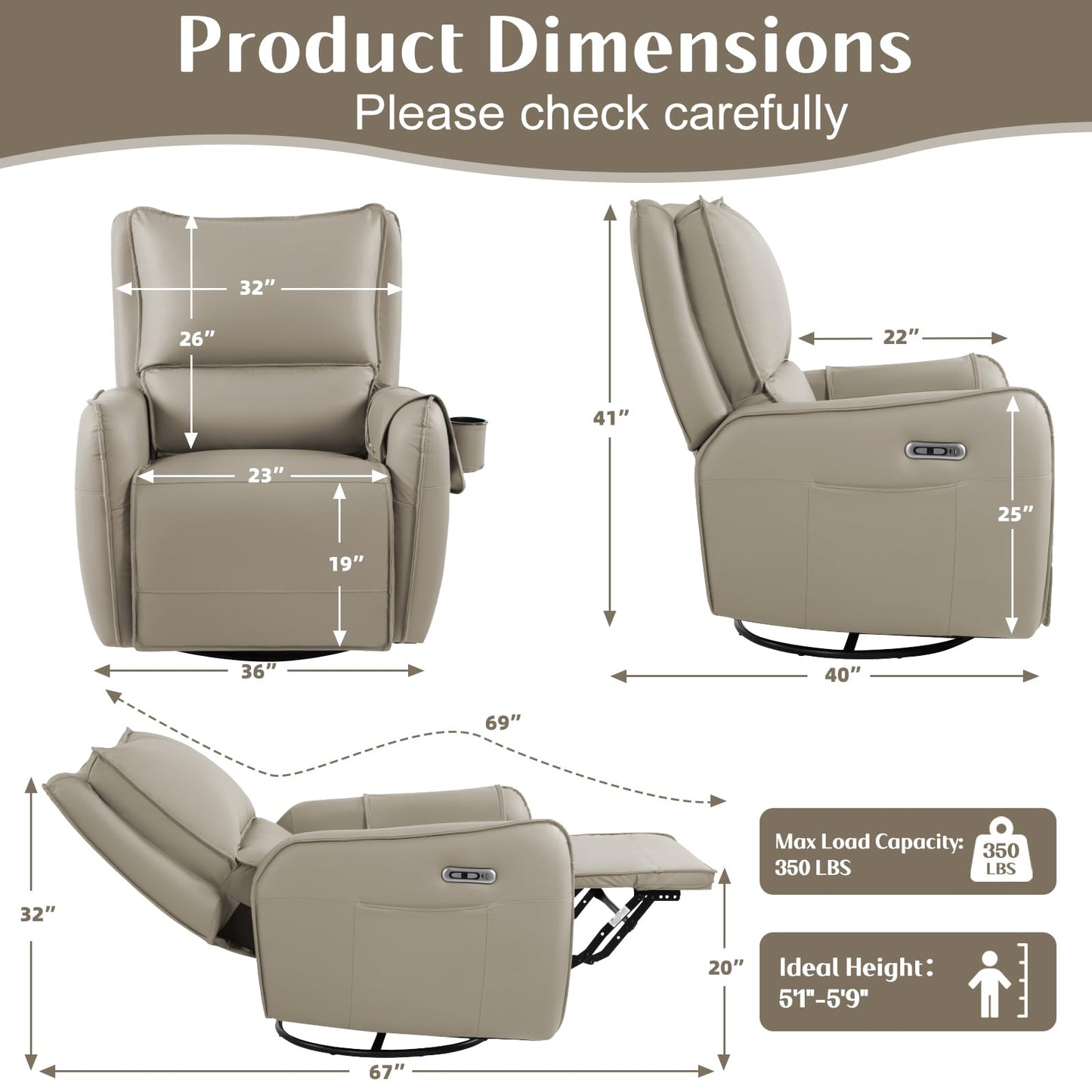 Power Recliner Gliders for Nursery, Electric Swivel Rocker Recliner Chair, Comfy Upholstered Living Room Reclining Rocking Chairs with Lumbar Support