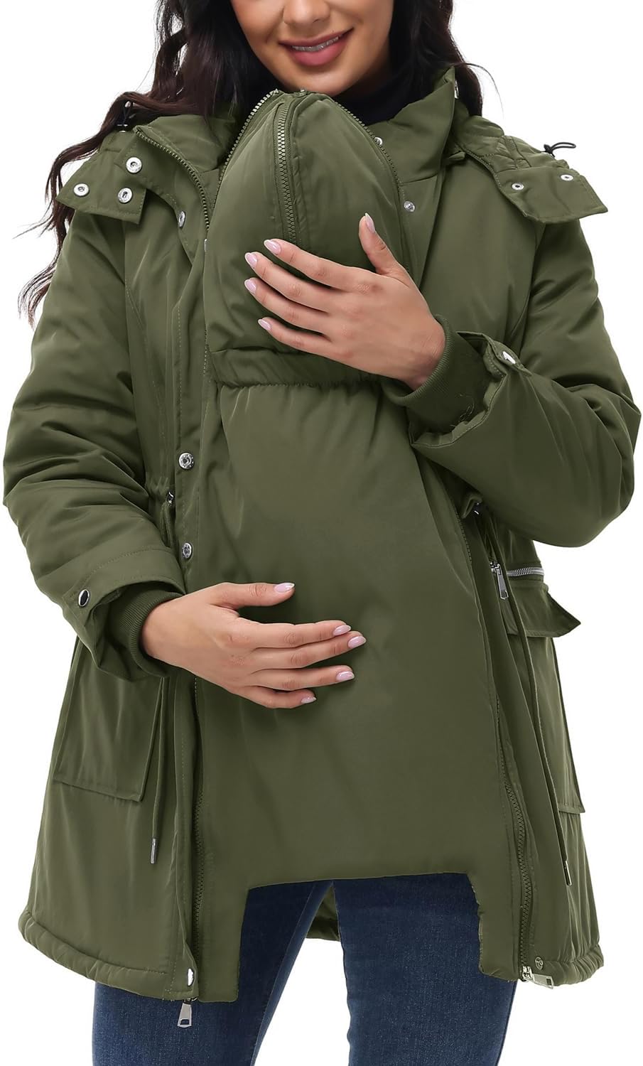 Maacie Maternity 3 in 1 Winter Coat Thicken Quilted Lined Warm Hooded Outwear Long Puffer Down Jacket Parka with Pockets