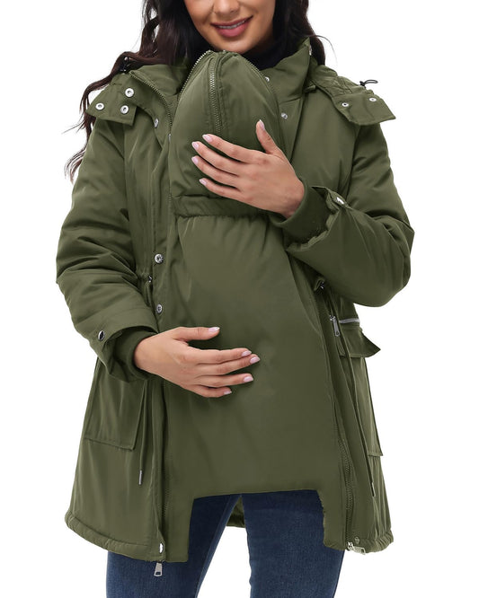 Maacie Maternity 3 in 1 Winter Coat Thicken Quilted Lined Warm Hooded Outwear Long Puffer Down Jacket Parka with Pockets