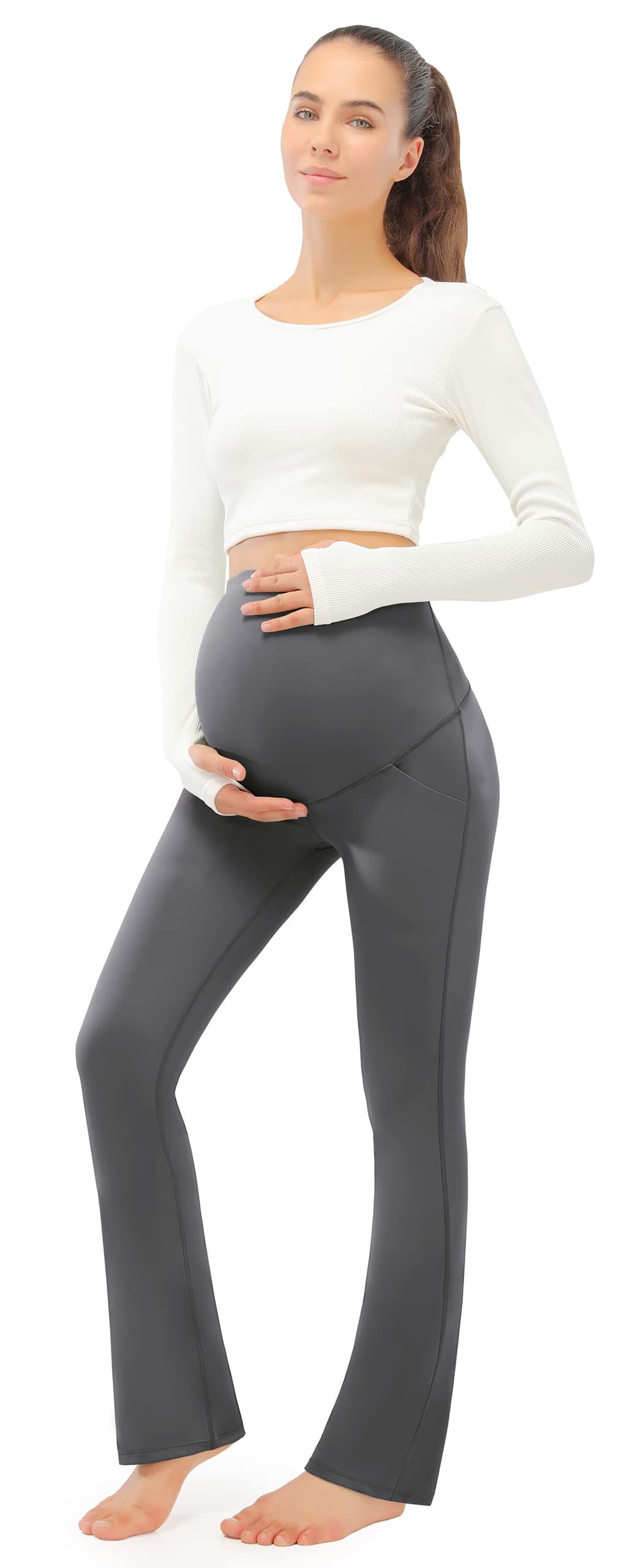 JOYSPELS Smooth Feeling Maternity Bootcut Pants with Pockets Over The Belly Pregnancy Yoga Pants for Work Casual