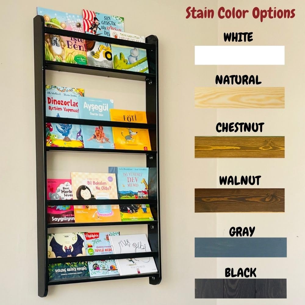 Handmade Solidwood Wall Mounted Montessori Kids Bookshelf, 4 Tier Book Display for Children Bedroom, Nursery Furniture Bookcase, Solid Wood Pine Tree Book Organiser for Living Room (Natural)