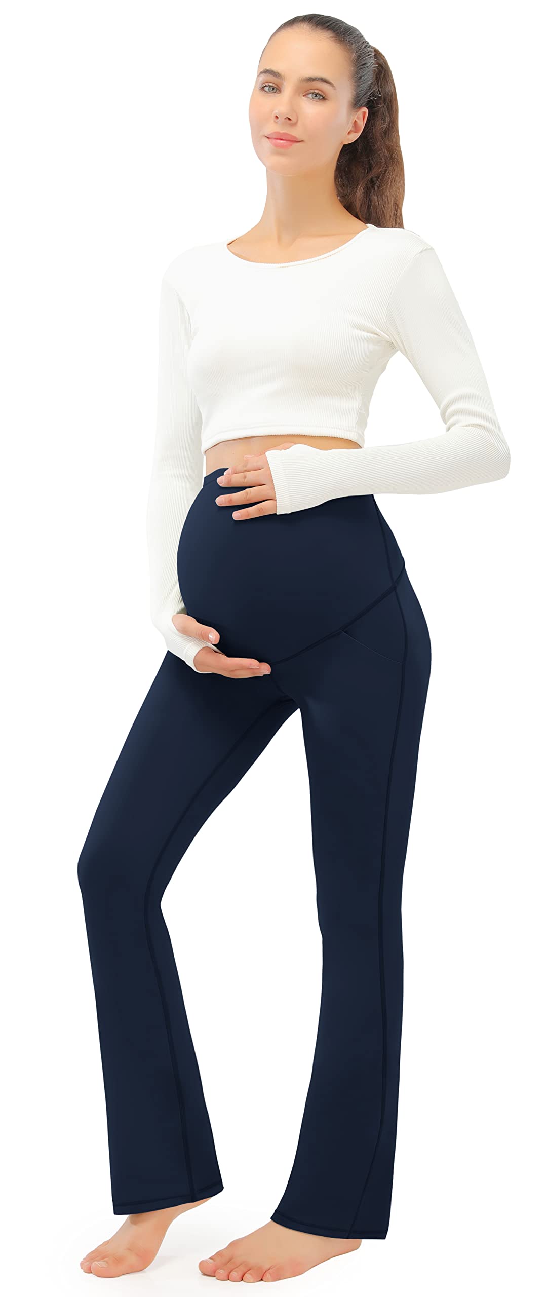 JOYSPELS Smooth Feeling Maternity Bootcut Pants with Pockets Over The Belly Pregnancy Yoga Pants for Work Casual