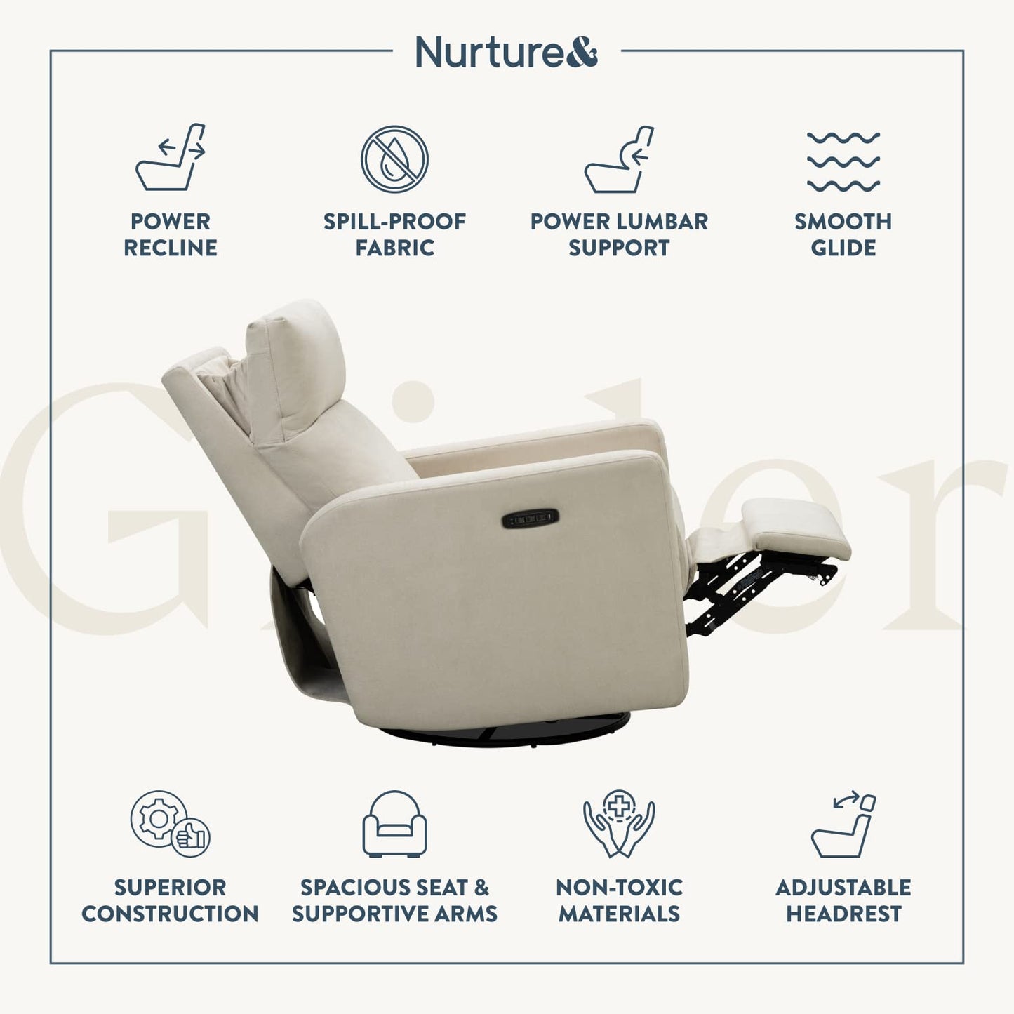 Nurture& The Glider Plus - Premium Nursery Power Recliner | Swivel Chair with Adjustable Head Support and Adjustable Lumbar Support | Built-in USB - The Ultimate Comfort for Nursing, Relaxing (Ivory)