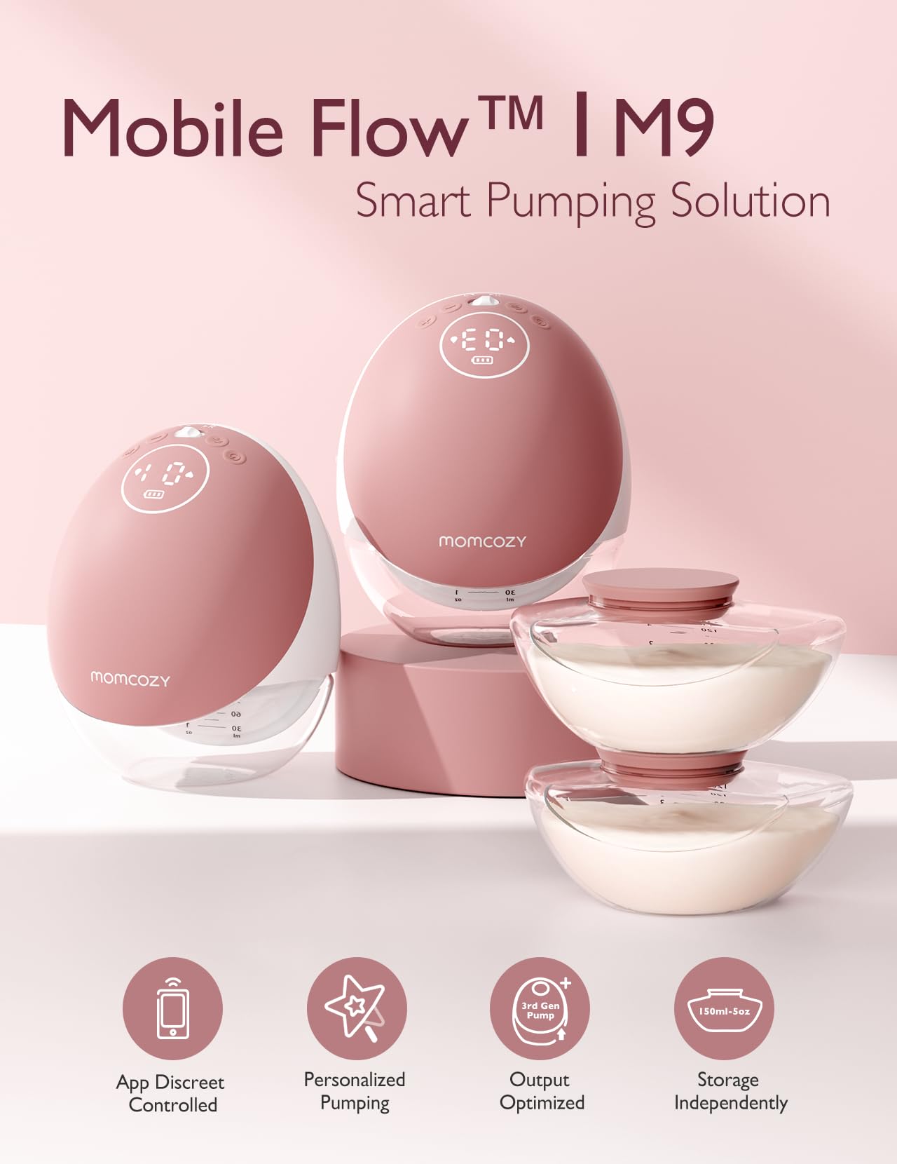 Momcozy Breast Pump Hands Free Mobile Flow | M9, App Discreet Control with Personalized Multi-Modes & 15 Levels, Independent Breastmilk Storage, Wearable Breast Pump M9 24mm, 2 Pack