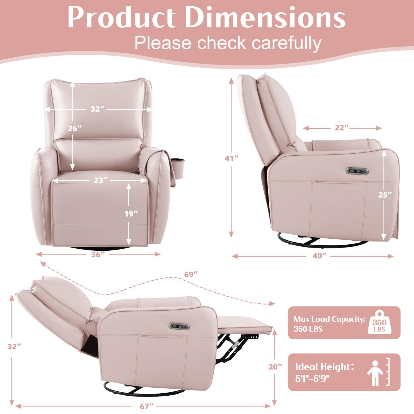 Power Recliner Gliders for Nursery, Electric Swivel Rocker Recliner Chair, Comfy Upholstered Living Room Reclining Rocking Chairs with Lumbar Support