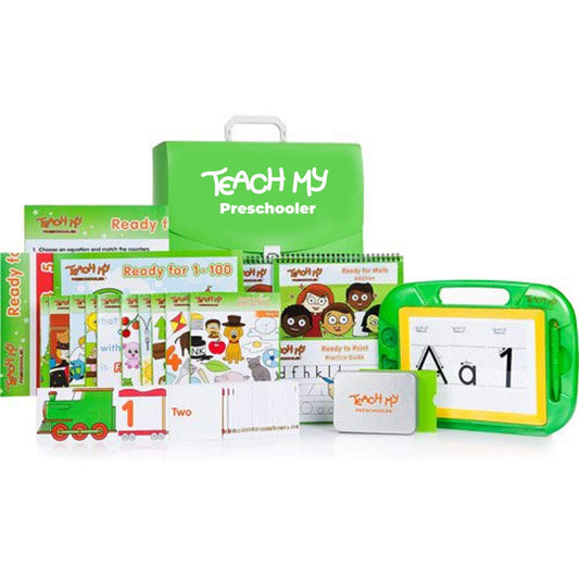 Preschooler Learning Kit: Screen-Free. Preschool Readiness. All-In-One Kit. Teach Reading, Printing, Numbers to 100, Early Math. 70+ pieces plus teaching guides and storage case. Age 3yrs+