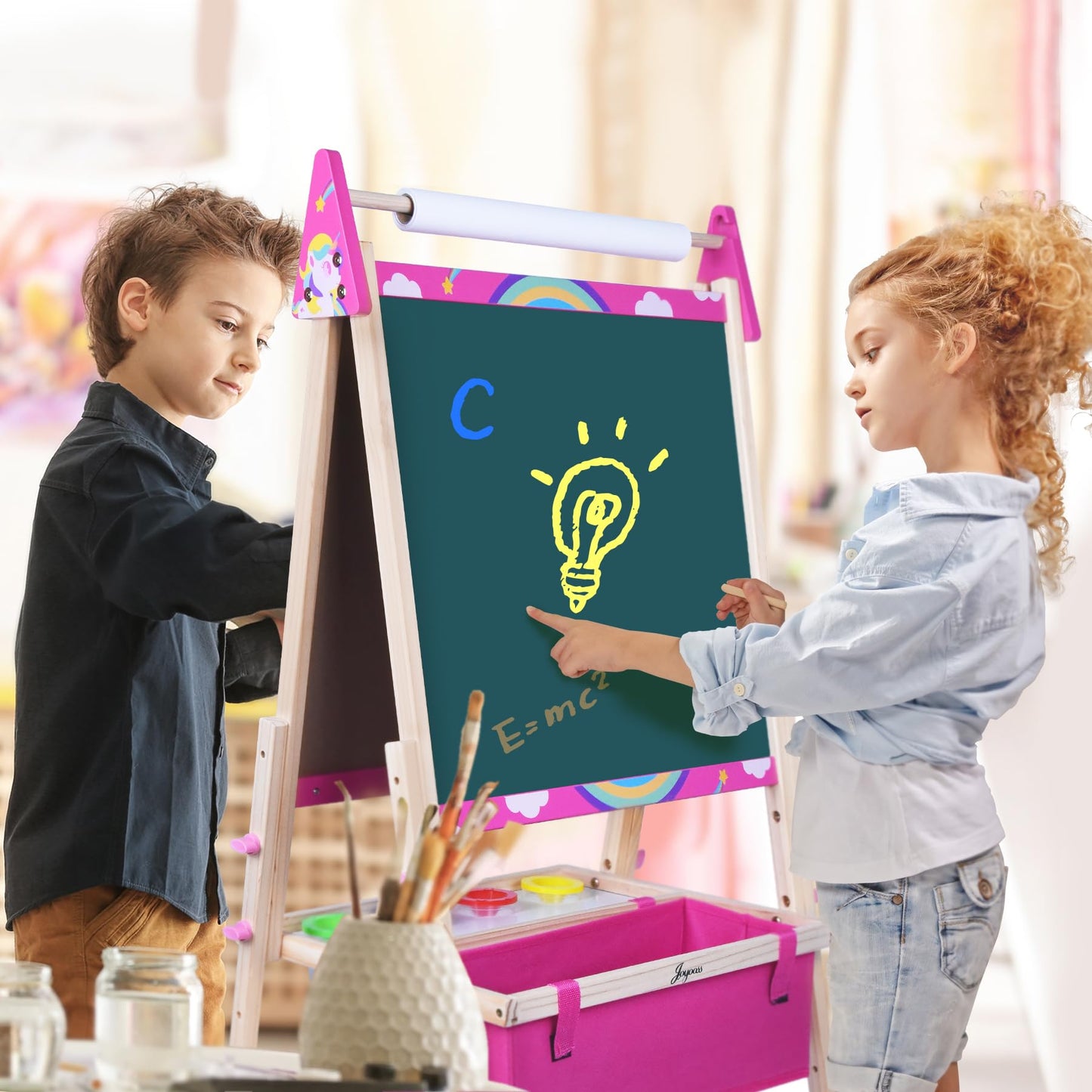 Joyooss Art Easel for Kids, Adjustable Standing Kids Easel with Magnetic Whteboard & Chalkboard, Magnetic Board for Kids Art Easel Kids with 2 Paper Rolls, Finger Paints, Letters & Numbers Magnets