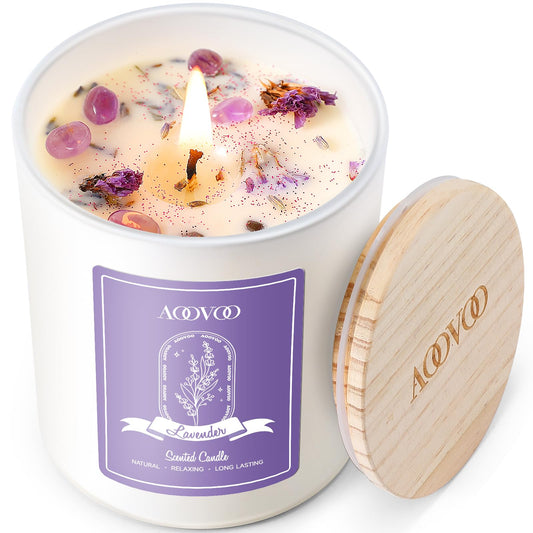 AOOVOO Lavender Scented Candles for Women - Aromatherapy Candle with Crystals Inside, 10oz Soy Candles for Home Scented, Christmas Birthday Gifts Candle for Women Mom