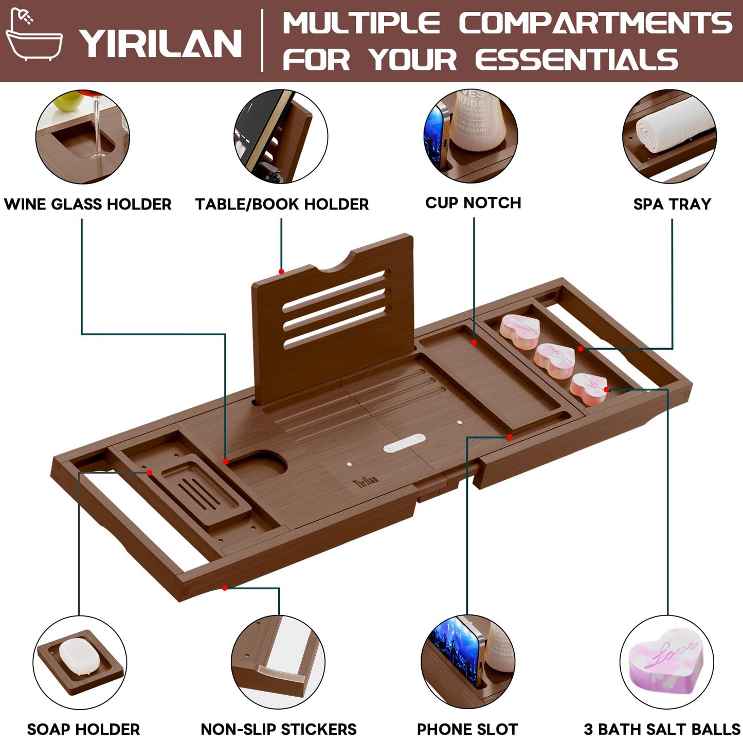 Yirilan Lux Expandable Bathtub Tray Caddy with 3 Bath Bombs-Self Care and Relaxation Birthday Gifts for Women and Men, Housewarming Gift Idea, for Mom Sister Daughter Wife