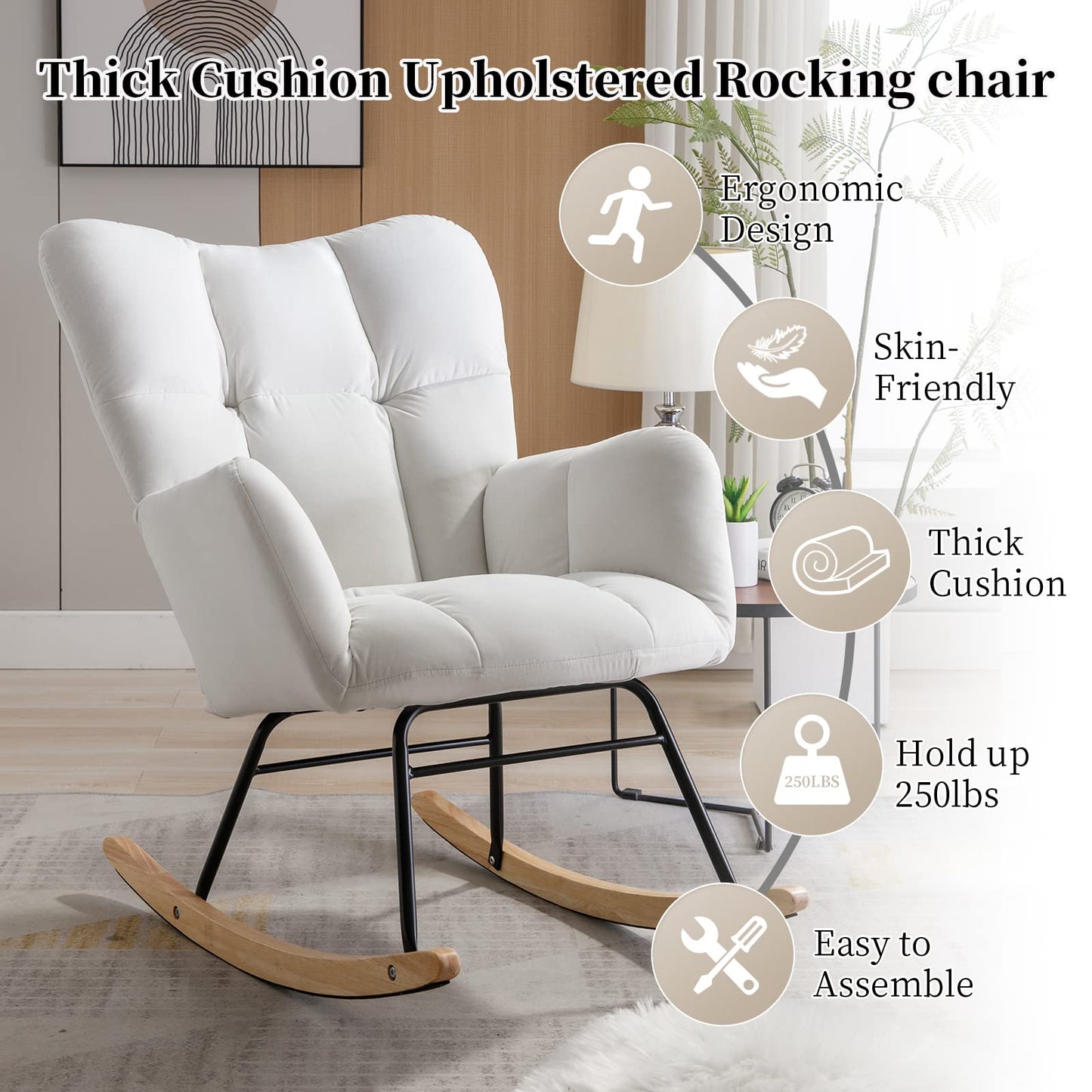 NIOIIKIT Nursery Rocking Chair Teddy Upholstered Glider Rocker Rocking Accent Chair Padded Seat with High Backrest Armchair Comfy Side Chair for Living Room Bedroom Offices (Ivory Teddy)