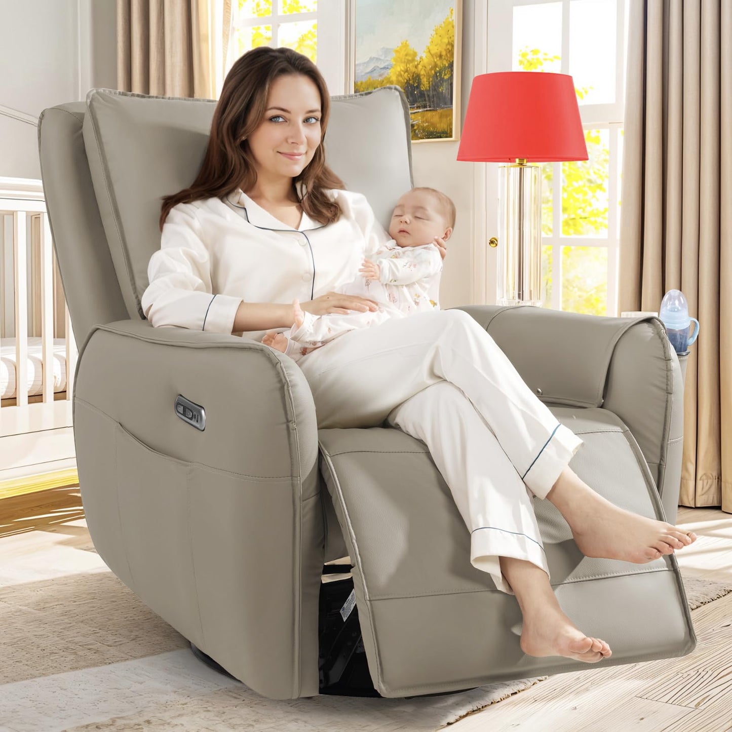 Power Recliner Gliders for Nursery, Electric Swivel Rocker Recliner Chair, Comfy Upholstered Living Room Reclining Rocking Chairs with Lumbar Support