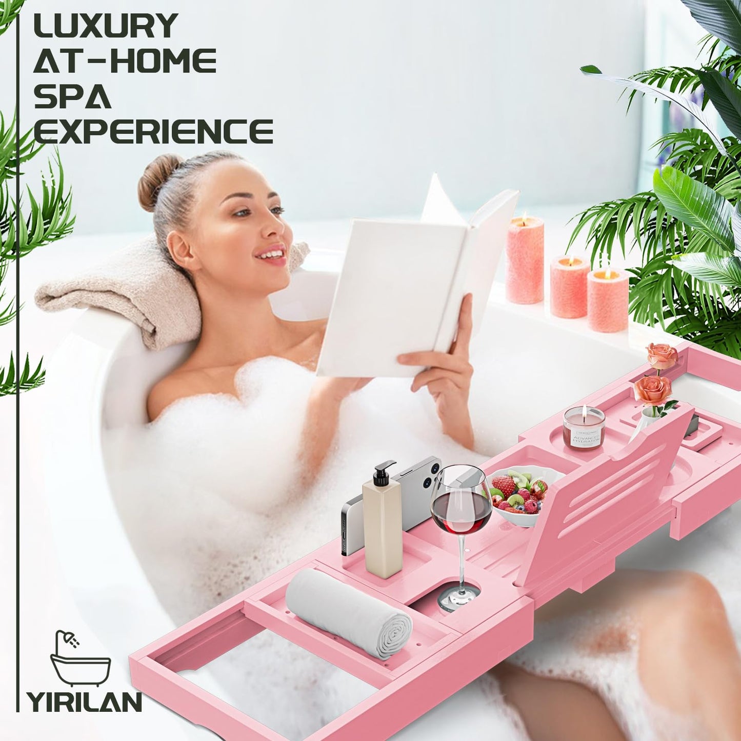 Yirilan Lux Expandable Bathtub Tray Caddy with 3 Bath Bombs-Self Care and Relaxation Birthday Gifts for Women and Men, Housewarming Gift Idea, for Mom Sister Daughter Wife