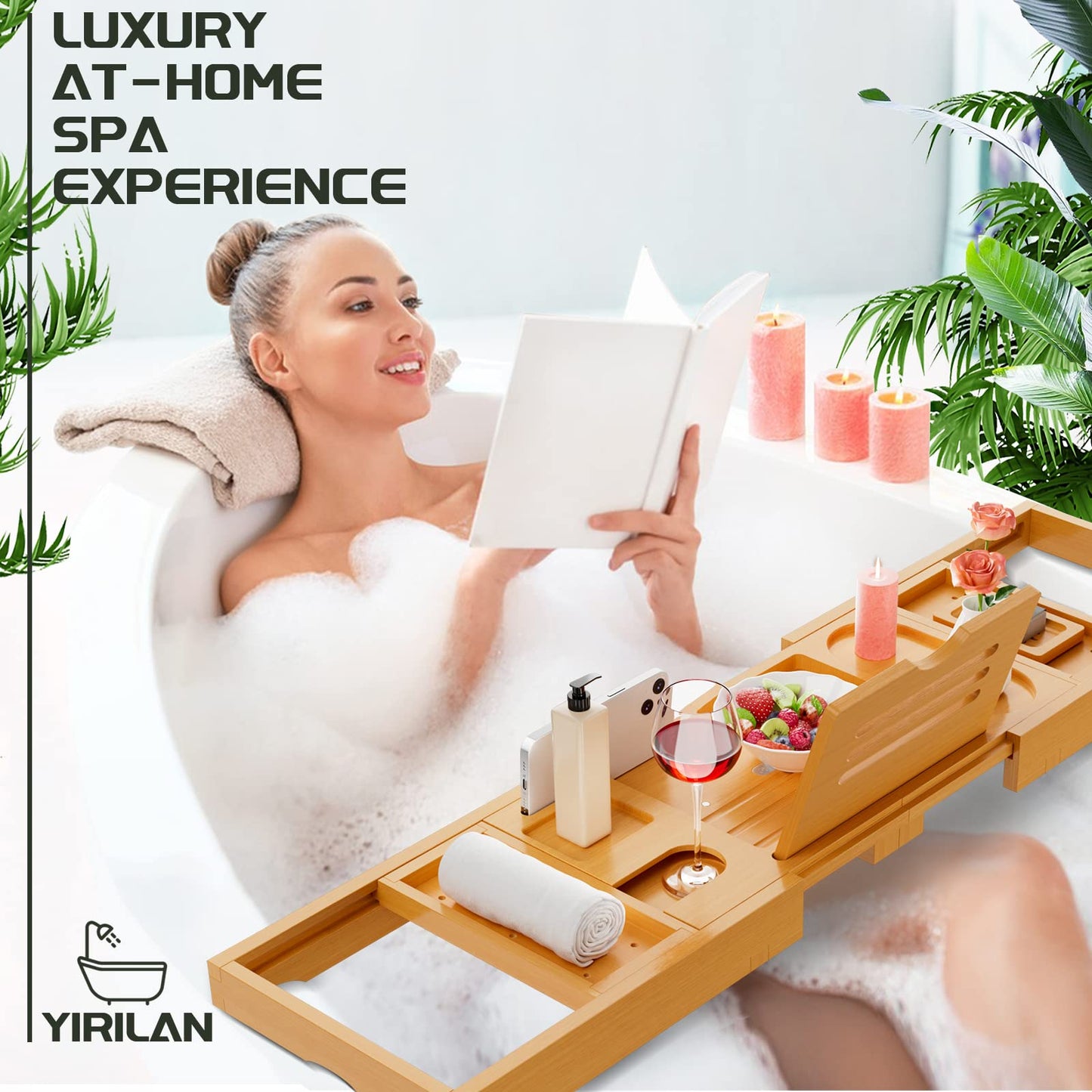 Yirilan Lux Expandable Bathtub Tray Caddy with 3 Bath Bombs-Self Care and Relaxation Birthday Gifts for Women and Men, Housewarming Gift Idea, for Mom Sister Daughter Wife