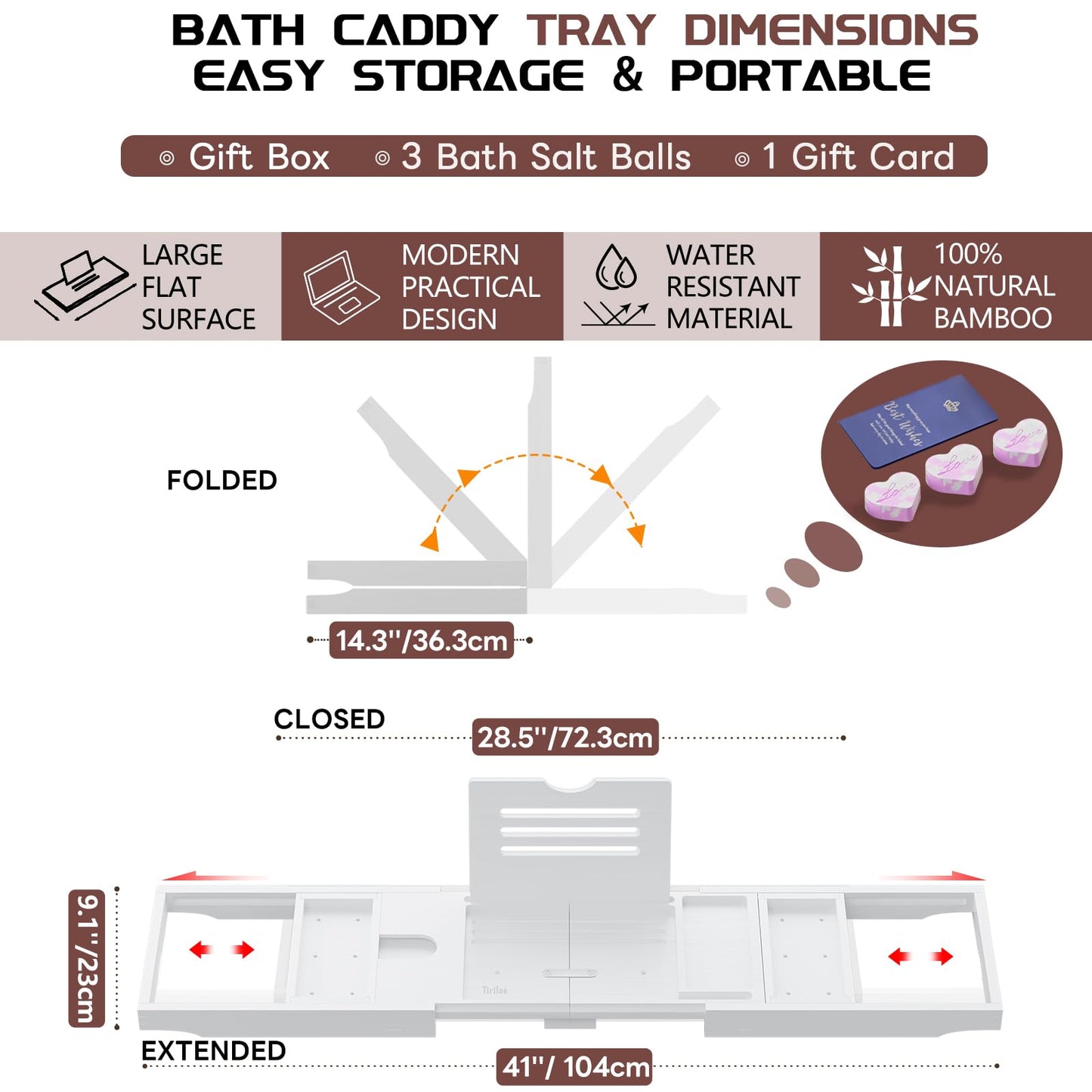 Yirilan Lux Expandable Bathtub Tray Caddy with 3 Bath Bombs-Self Care and Relaxation Birthday Gifts for Women and Men, Housewarming Gift Idea, for Mom Sister Daughter Wife