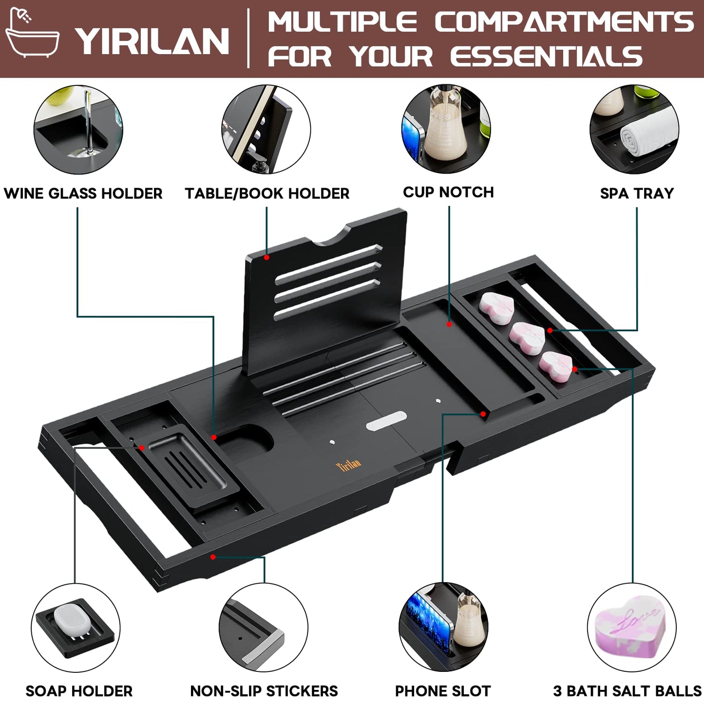 Yirilan Lux Expandable Bathtub Tray Caddy with 3 Bath Bombs-Self Care and Relaxation Birthday Gifts for Women and Men, Housewarming Gift Idea, for Mom Sister Daughter Wife
