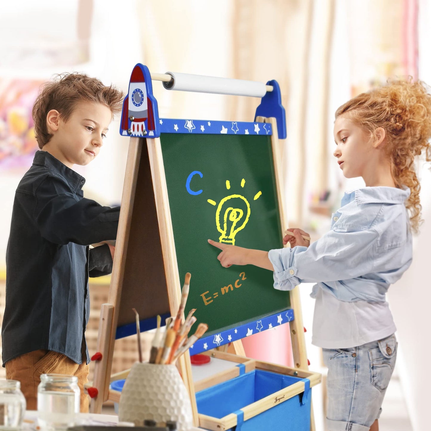 Joyooss Art Easel for Kids, Adjustable Standing Kids Easel with Magnetic Whteboard & Chalkboard, Magnetic Board for Kids Art Easel Kids with 2 Paper Rolls, Finger Paints, Letters & Numbers Magnets