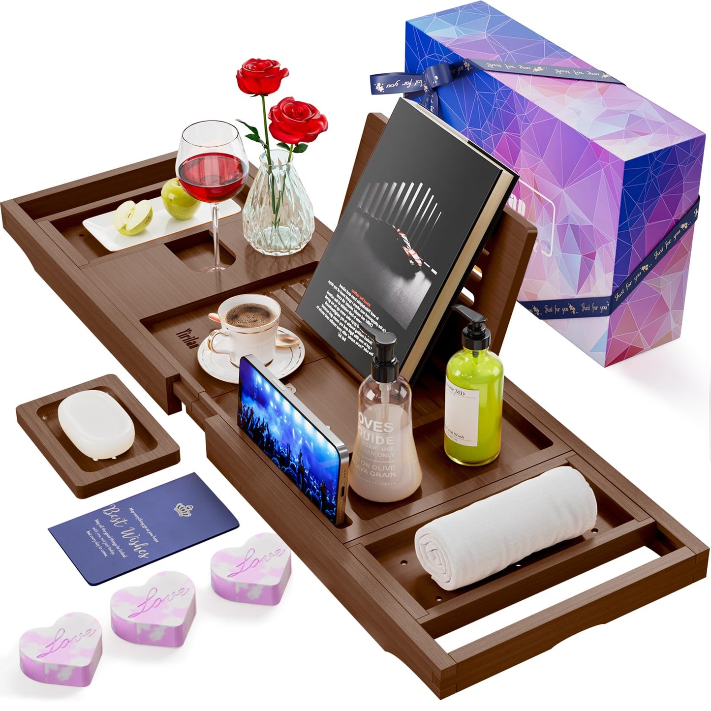 Yirilan Lux Expandable Bathtub Tray Caddy with 3 Bath Bombs-Self Care and Relaxation Birthday Gifts for Women and Men, Housewarming Gift Idea, for Mom Sister Daughter Wife