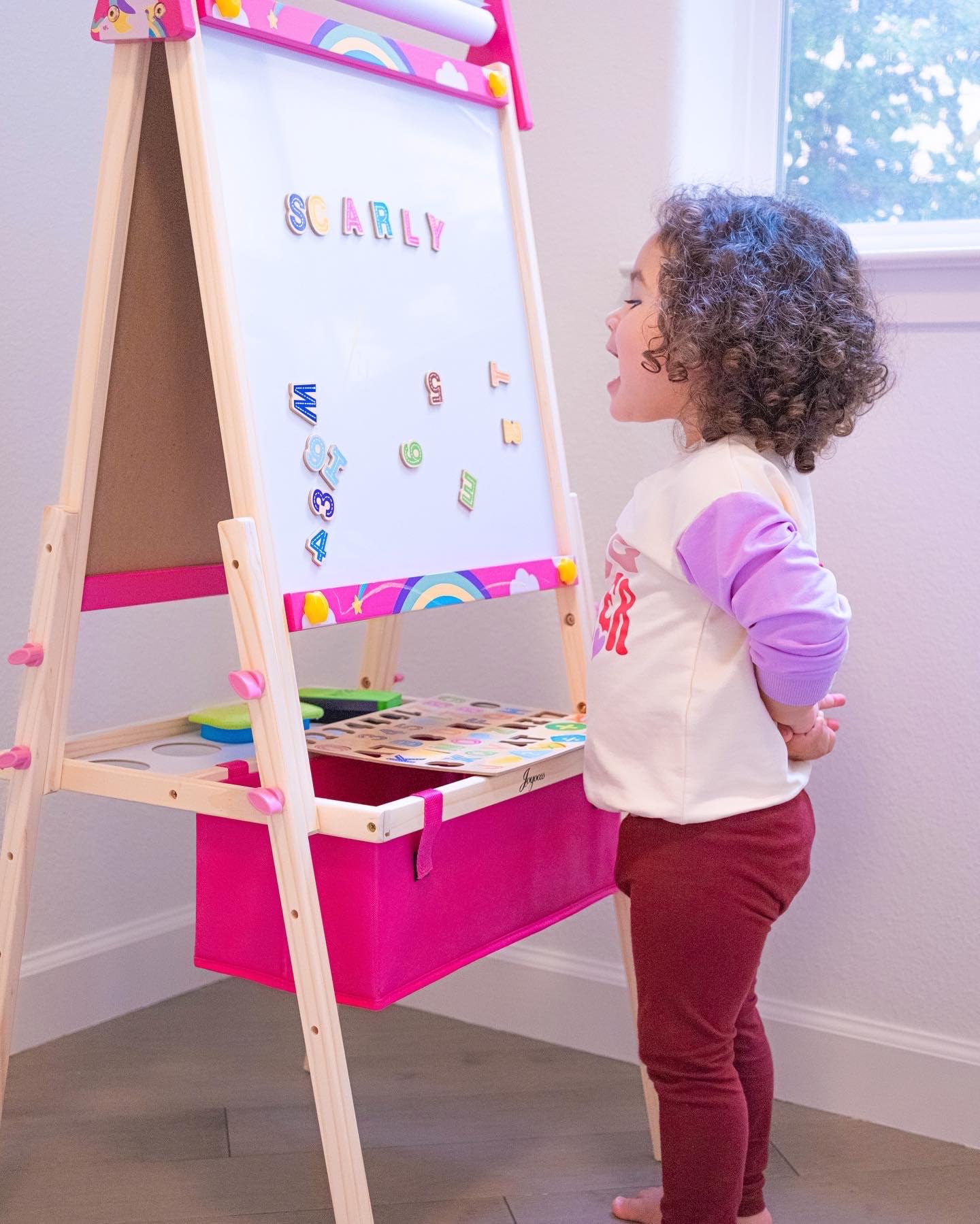 Joyooss Art Easel for Kids, Adjustable Standing Kids Easel with Magnetic Whteboard & Chalkboard, Magnetic Board for Kids Art Easel Kids with 2 Paper Rolls, Finger Paints, Letters & Numbers Magnets