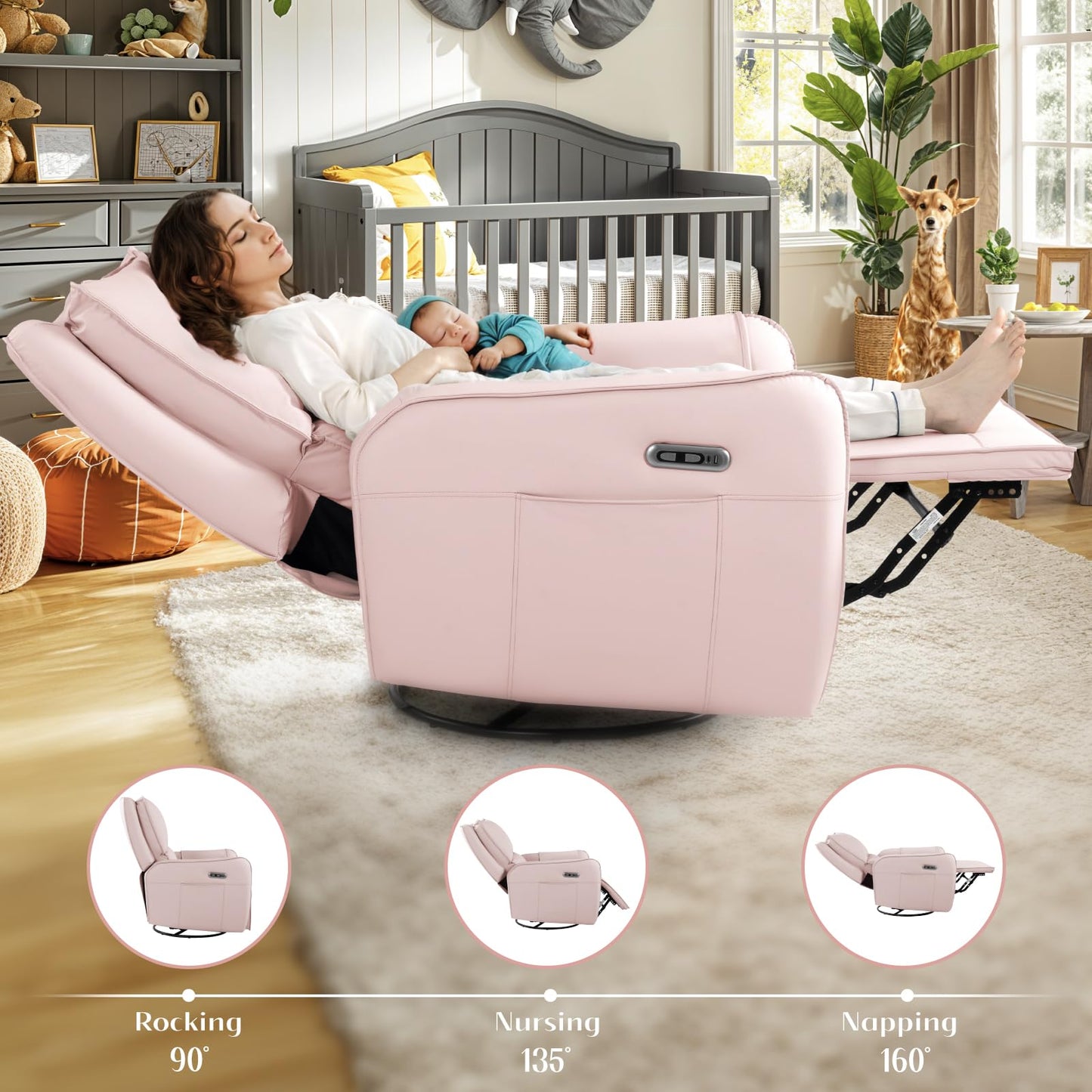 Power Recliner Gliders for Nursery, Electric Swivel Rocker Recliner Chair, Comfy Upholstered Living Room Reclining Rocking Chairs with Lumbar Support