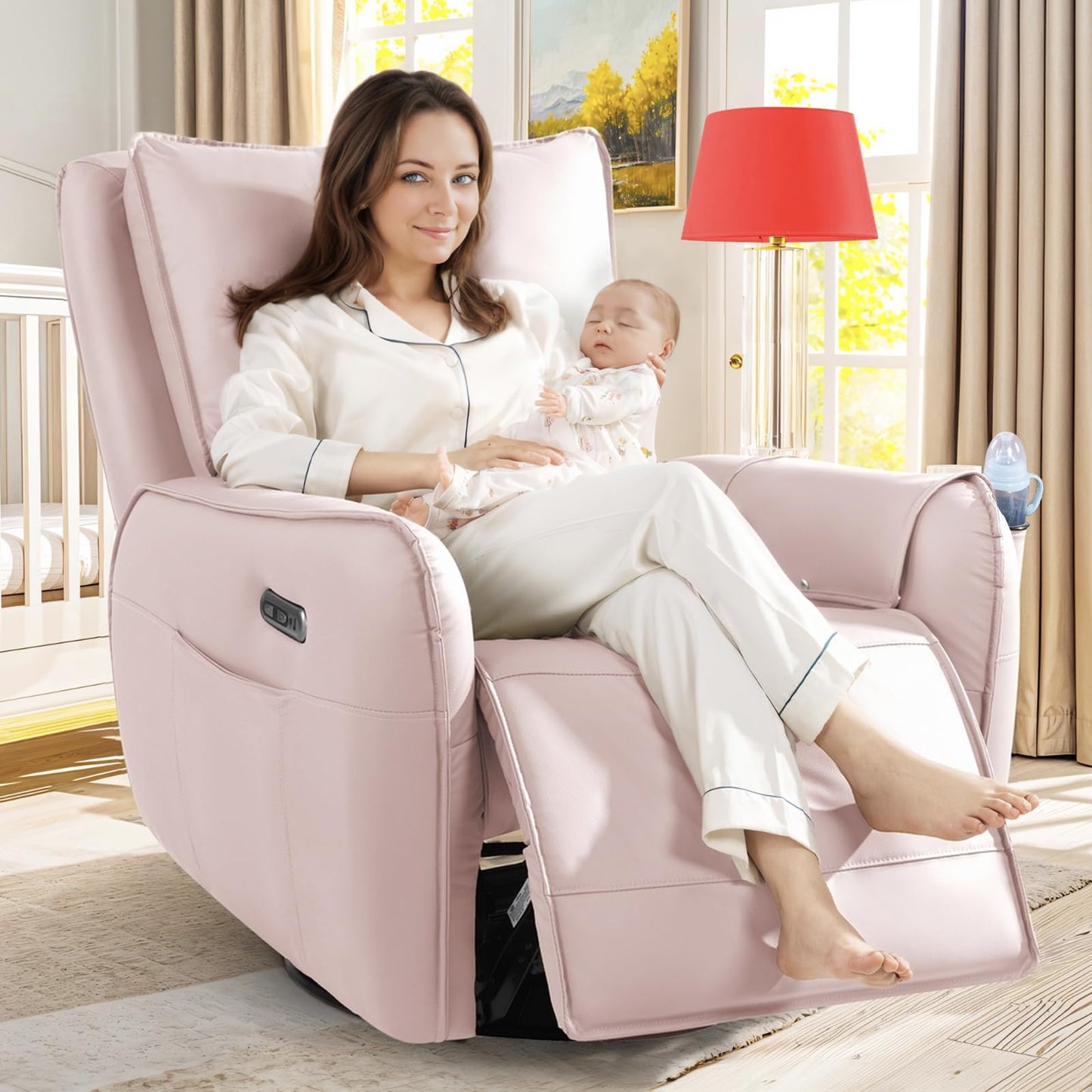 Power Recliner Gliders for Nursery, Electric Swivel Rocker Recliner Chair, Comfy Upholstered Living Room Reclining Rocking Chairs with Lumbar Support