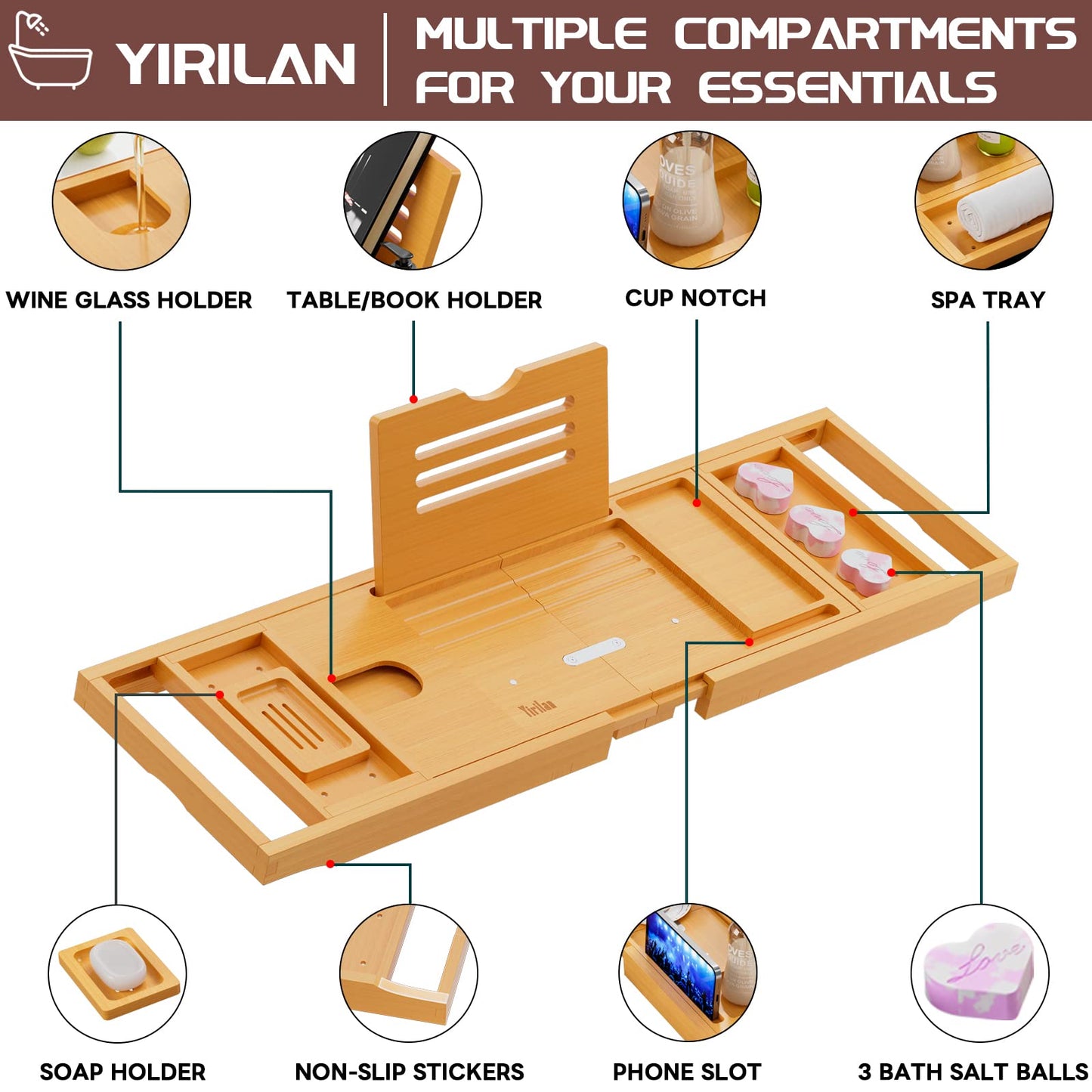 Yirilan Lux Expandable Bathtub Tray Caddy with 3 Bath Bombs-Self Care and Relaxation Birthday Gifts for Women and Men, Housewarming Gift Idea, for Mom Sister Daughter Wife