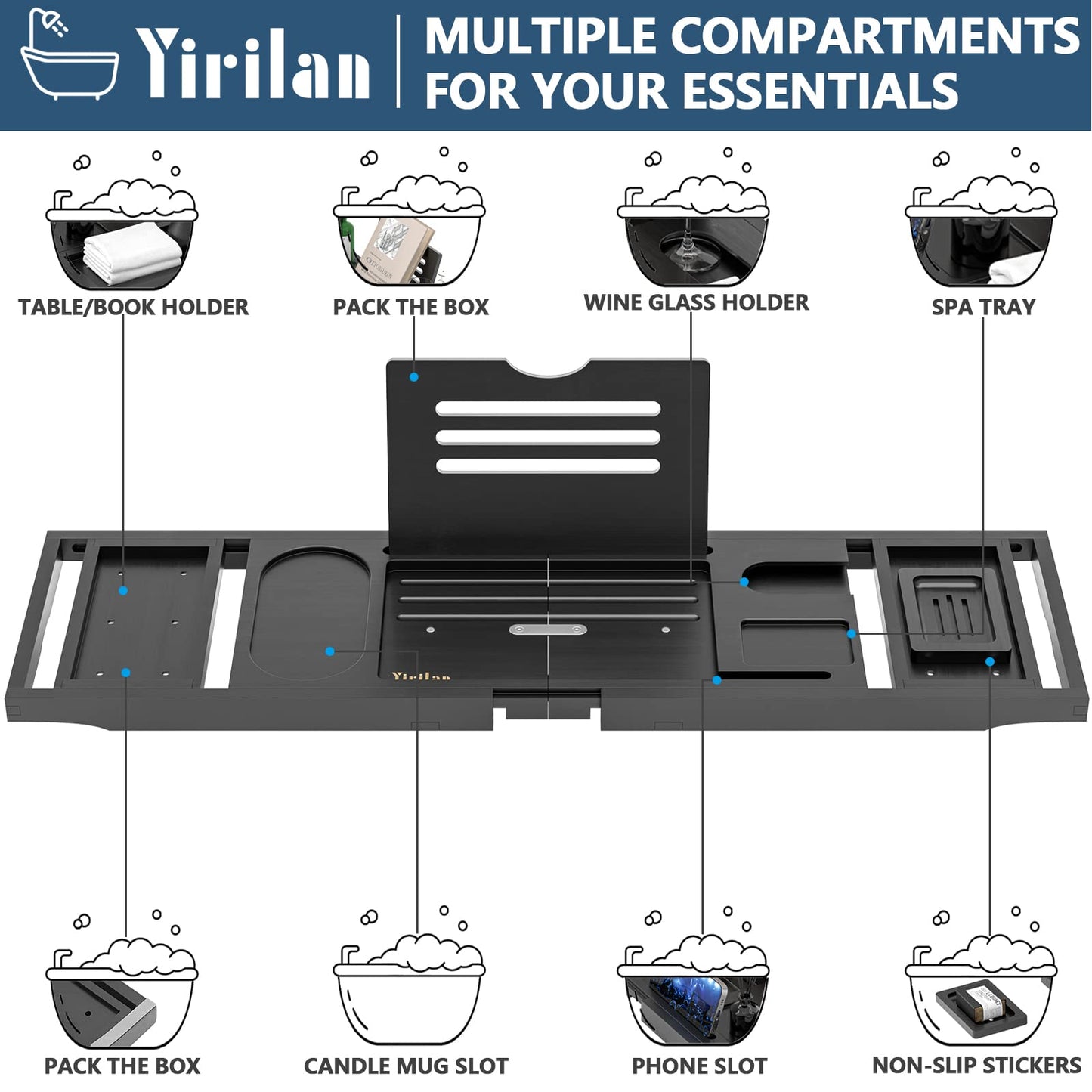 Yirilan Lux Expandable Bathtub Tray Caddy with 3 Bath Bombs-Self Care and Relaxation Birthday Gifts for Women and Men, Housewarming Gift Idea, for Mom Sister Daughter Wife
