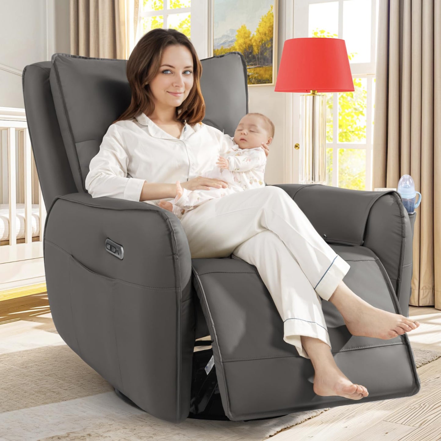 Power Recliner Gliders for Nursery, Electric Swivel Rocker Recliner Chair, Comfy Upholstered Living Room Reclining Rocking Chairs with Lumbar Support