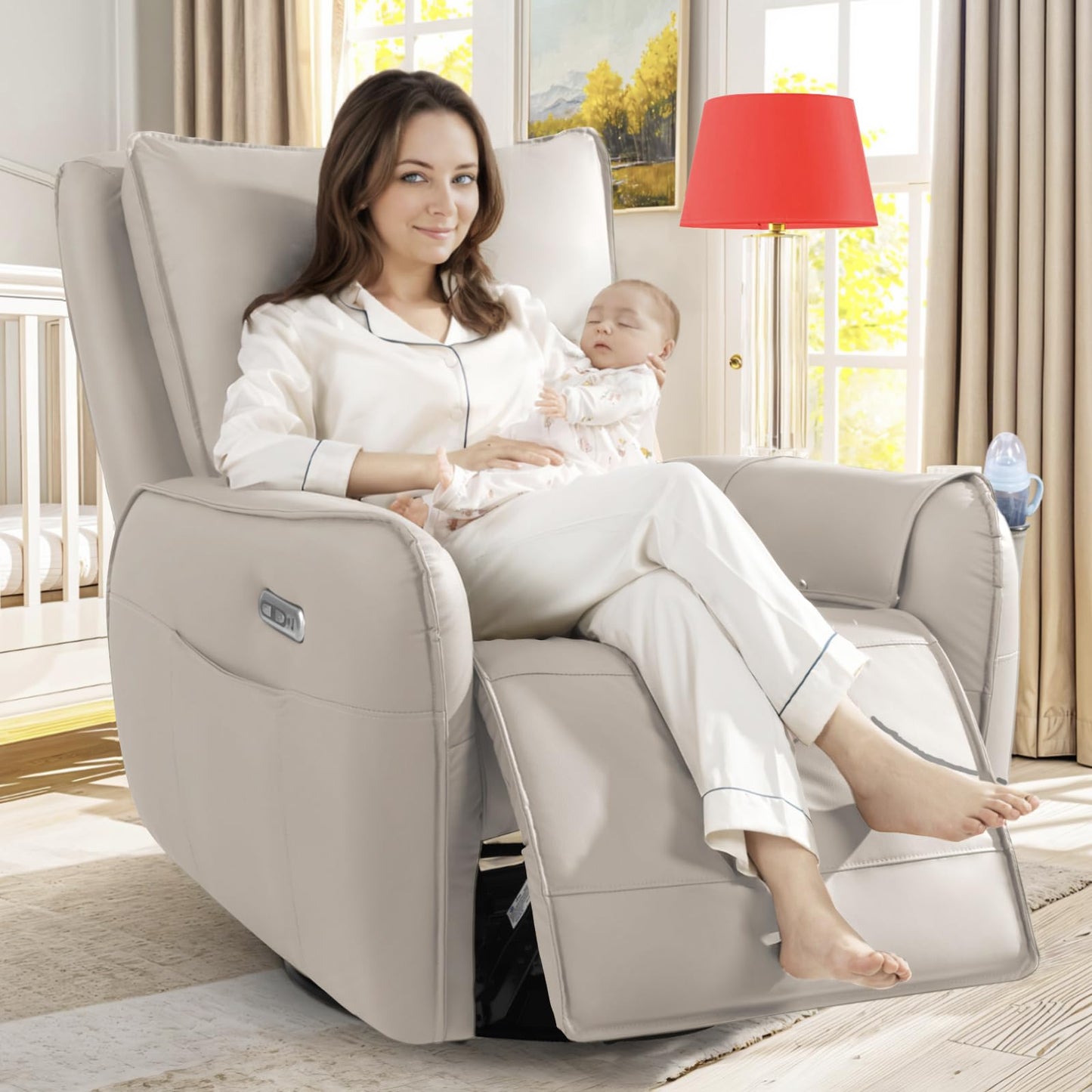 Power Recliner Gliders for Nursery, Electric Swivel Rocker Recliner Chair, Comfy Upholstered Living Room Reclining Rocking Chairs with Lumbar Support