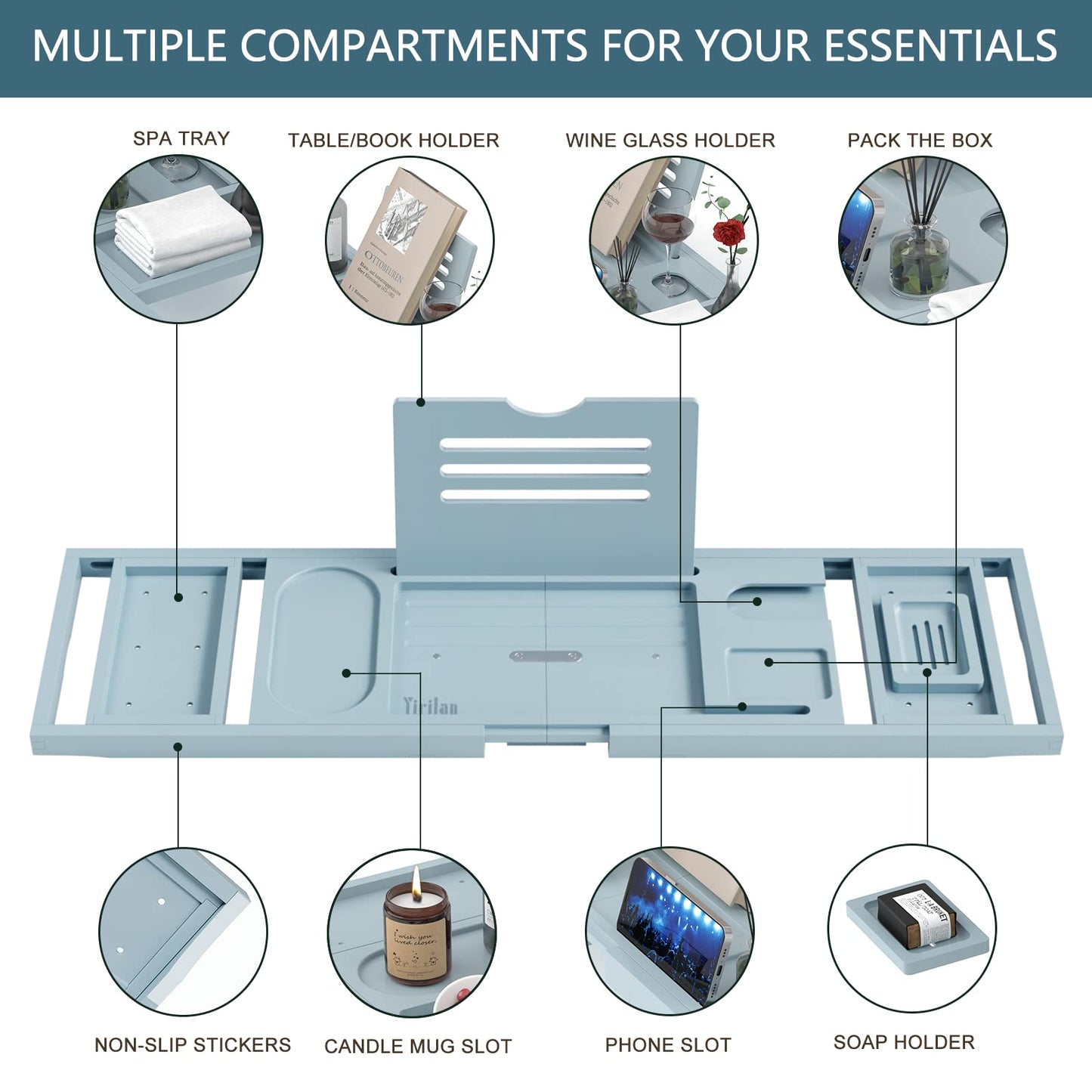 Yirilan Lux Expandable Bathtub Tray Caddy with 3 Bath Bombs-Self Care and Relaxation Birthday Gifts for Women and Men, Housewarming Gift Idea, for Mom Sister Daughter Wife