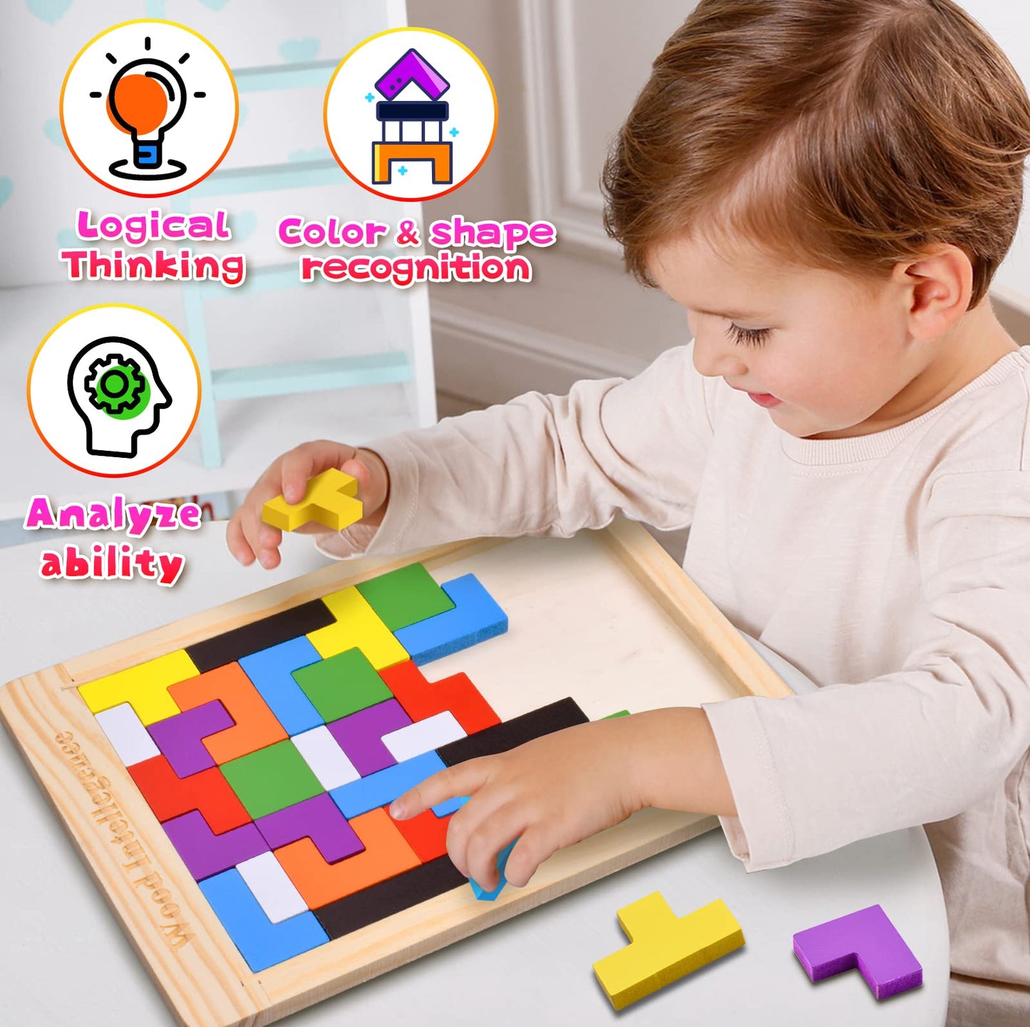 FFTROC Wooden Puzzles for Kids Ages 4-8 8-10 Thick Colorful 3D Russian Blocks and Brain Teaser Tangram Jigsaw STEM Intelligence Toys Educational Gift for Toddlers 3 4 5 6 7 Years Old Boys Girls