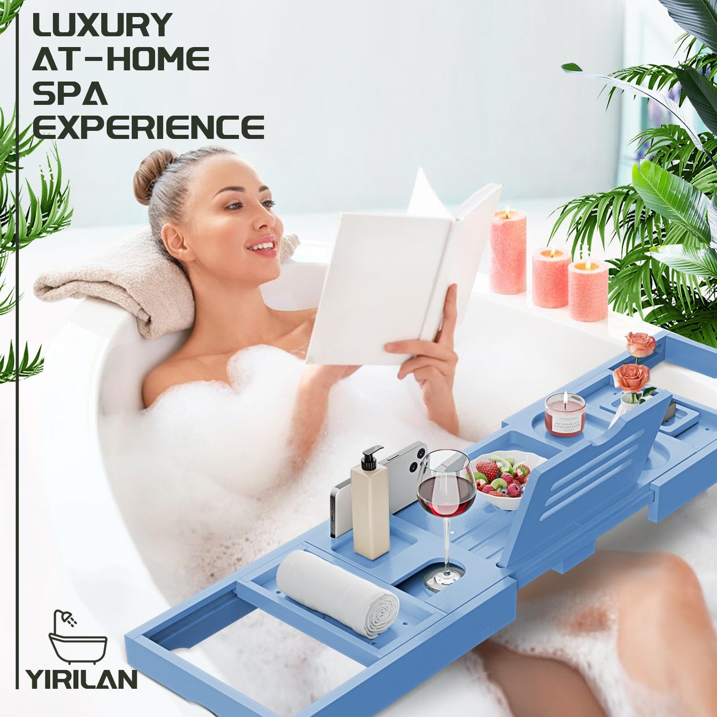 Yirilan Lux Expandable Bathtub Tray Caddy with 3 Bath Bombs-Self Care and Relaxation Birthday Gifts for Women and Men, Housewarming Gift Idea, for Mom Sister Daughter Wife