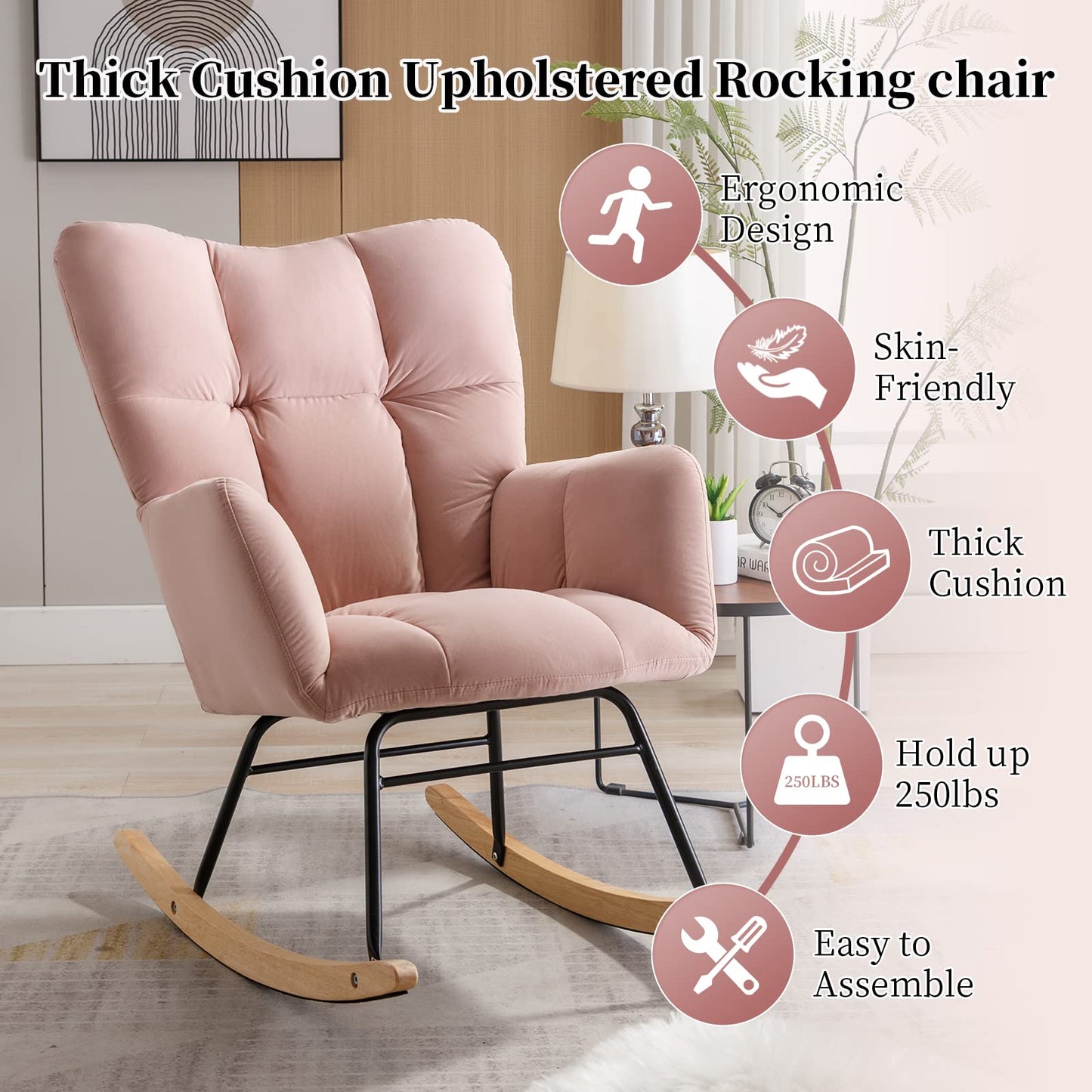 NIOIIKIT Nursery Rocking Chair Teddy Upholstered Glider Rocker Rocking Accent Chair Padded Seat with High Backrest Armchair Comfy Side Chair for Living Room Bedroom Offices (Ivory Teddy)