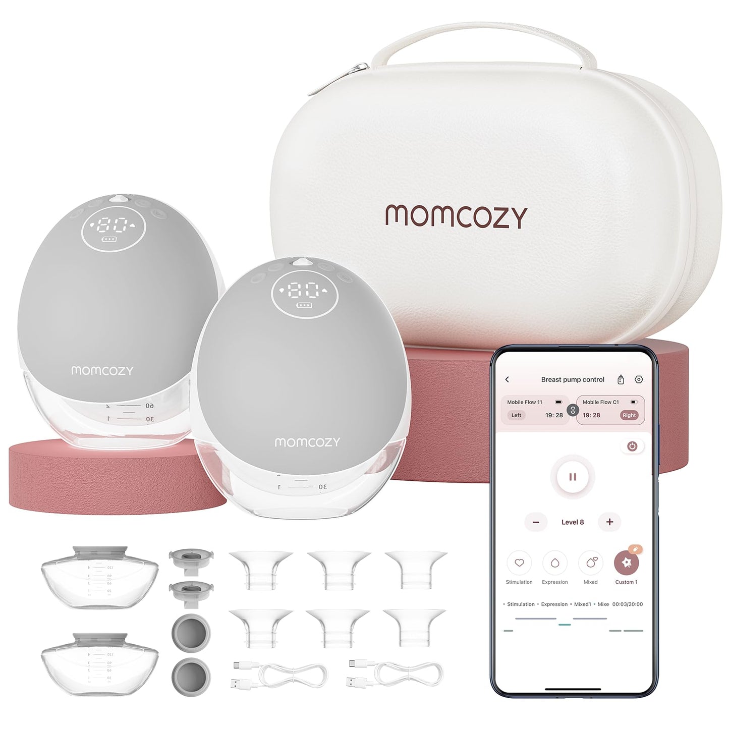 Momcozy Breast Pump Hands Free Mobile Flow | M9, App Discreet Control with Personalized Multi-Modes & 15 Levels, Independent Breastmilk Storage, Wearable Breast Pump M9 24mm, 2 Pack