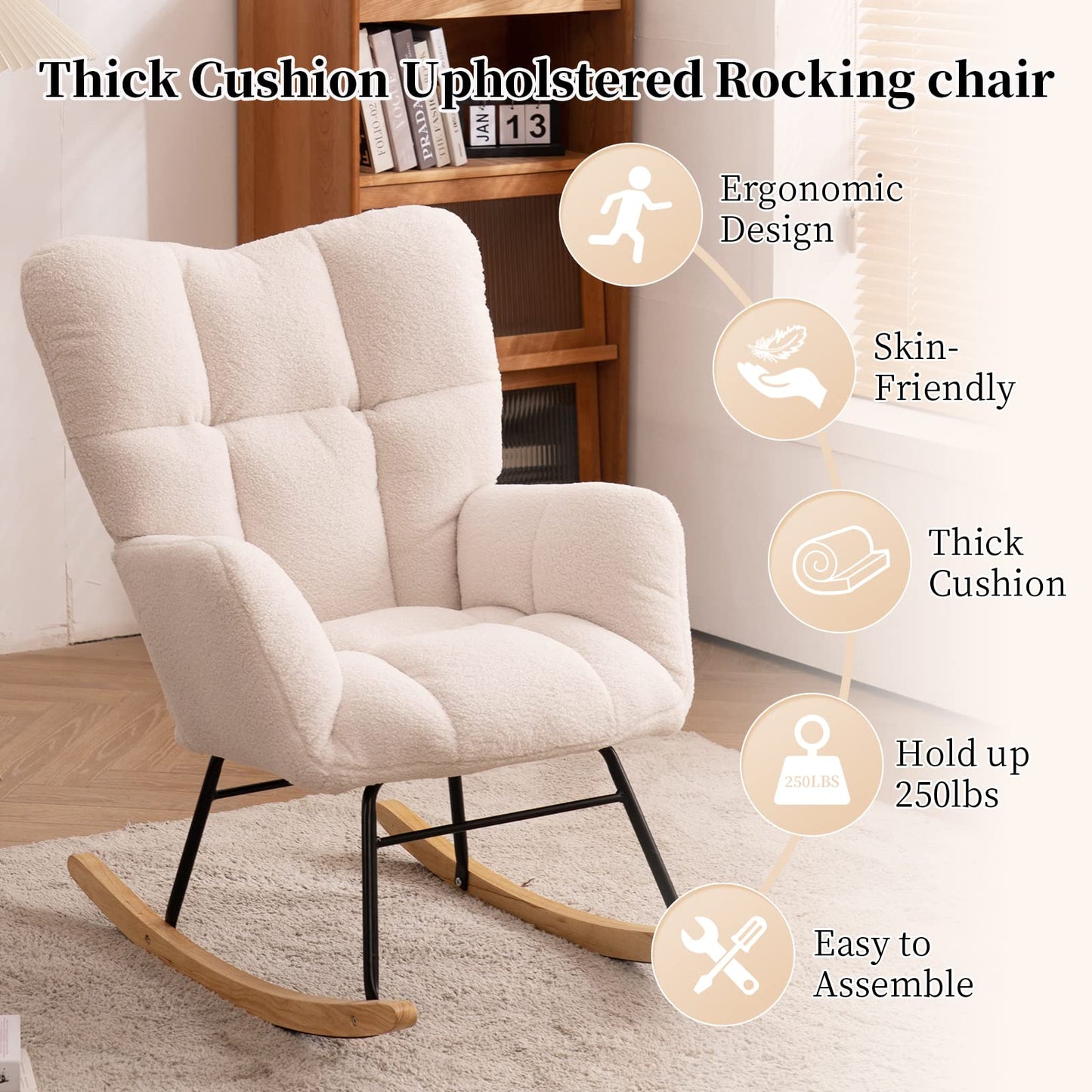 NIOIIKIT Nursery Rocking Chair Teddy Upholstered Glider Rocker Rocking Accent Chair Padded Seat with High Backrest Armchair Comfy Side Chair for Living Room Bedroom Offices (Ivory Teddy)