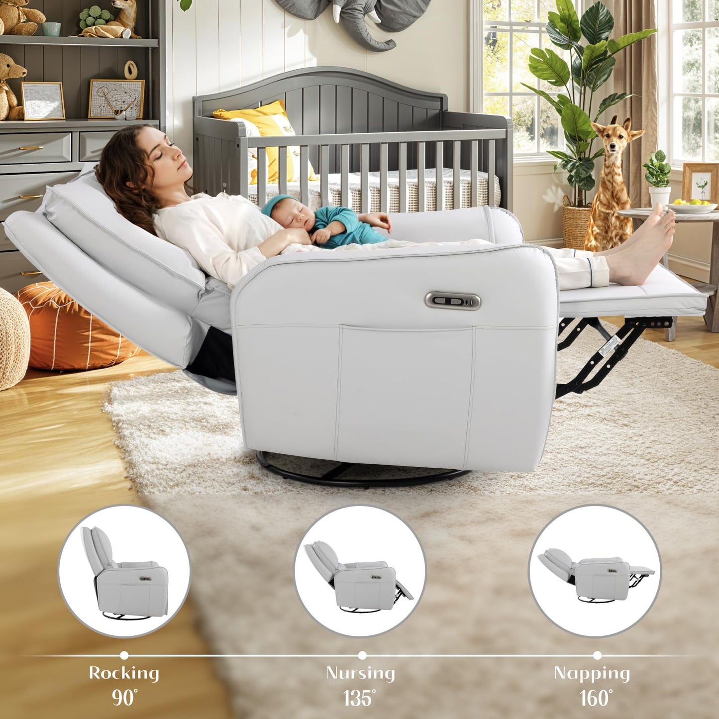 Power Recliner Gliders for Nursery, Electric Swivel Rocker Recliner Chair, Comfy Upholstered Living Room Reclining Rocking Chairs with Lumbar Support