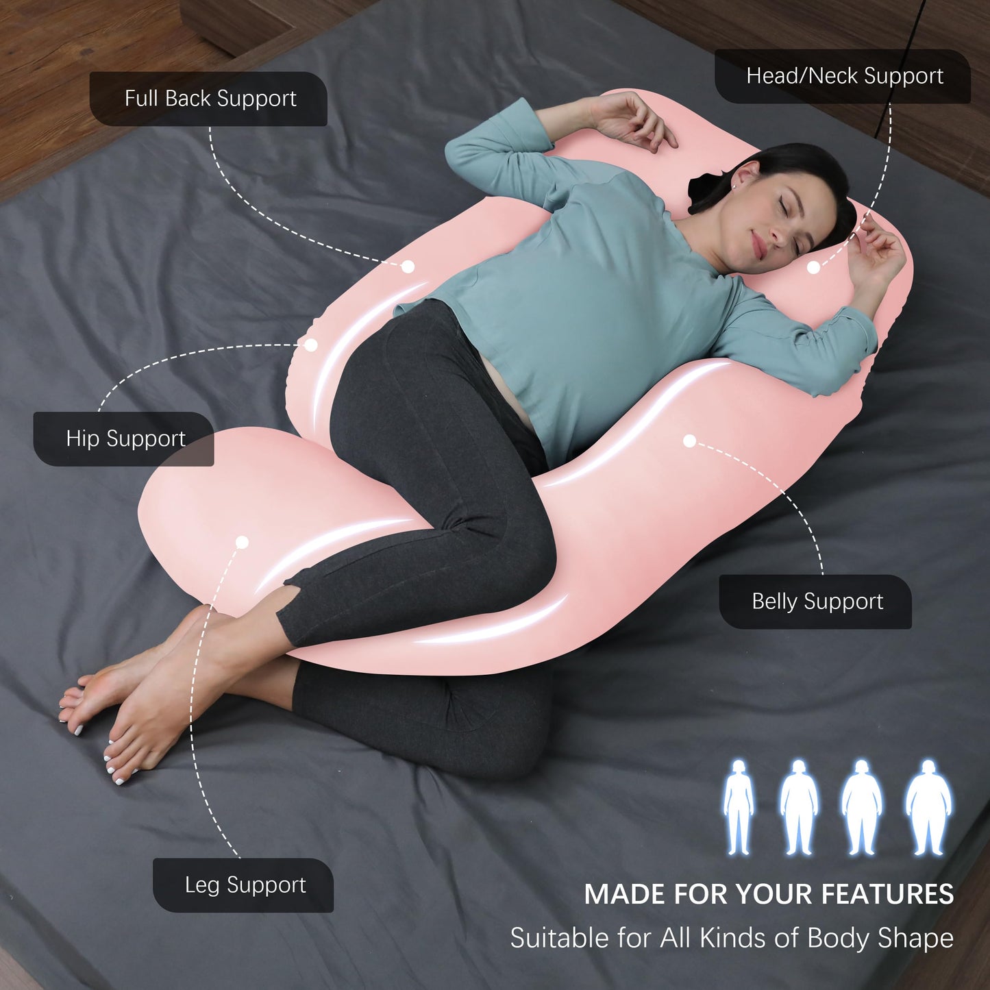 MOON PARK Pregnancy Pillows for Sleeping - U Shaped Full Body Maternity Pillow with Removable Cover - Support for Back, Legs, Belly, HIPS - 57 Inch Pregnancy Pillow for Women - Grey