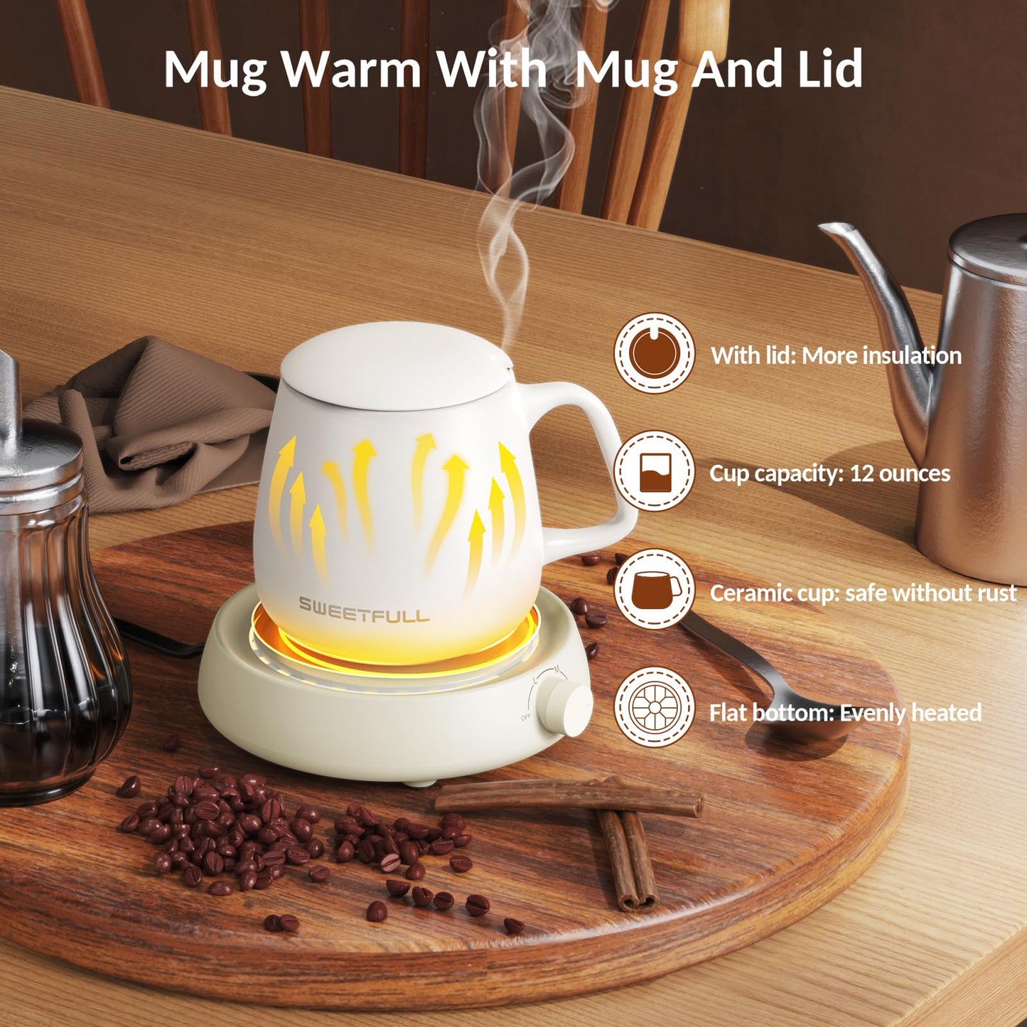 SWEETFULL Mug Warmer for Coffee and Tea Coffee Mug Warmer W/Mug and Lid Coffee Warmer As Coffee Gifts for Desk Office Coffee Lovers. （20W Cup Warmer Candle Warmer Auto Shut Off） (Wood Grain)